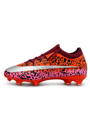 Nike Mercurial/マーキュリアル FG オレンジとピンクのサファリ柄サッカースパイク、シルバーのスウッシュとレッドのソールプレート