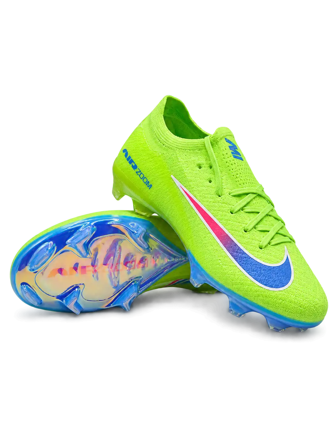 Nike Mercurial/マーキュリアル FG ボルトのサッカースパイク、ピンクとブルーのグラデーションスウッシュと虹色のソールプレート