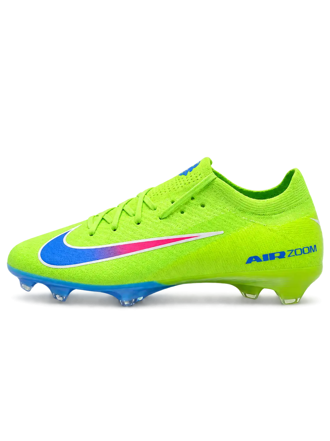 Nike Mercurial/マーキュリアル FG ボルトのサッカースパイク、ピンクとブルーのグラデーションスウッシュと虹色のソールプレート