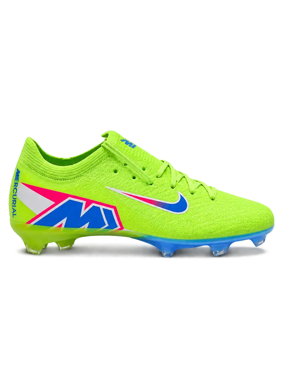 Nike Mercurial/マーキュリアル FG ボルトのサッカースパイク、ピンクとブルーのグラデーションスウッシュと虹色のソールプレート