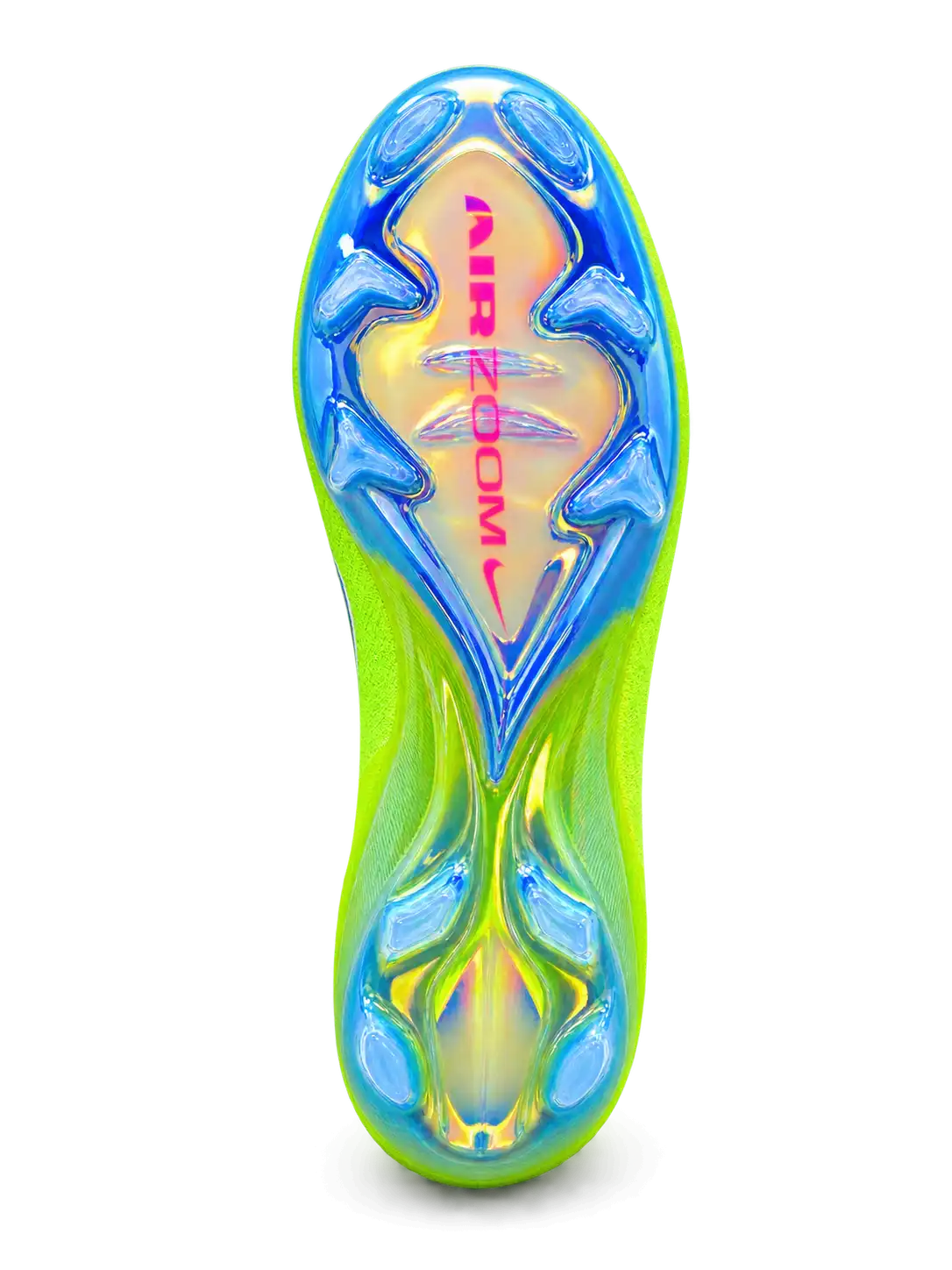 Nike Mercurial/マーキュリアル FG ボルトのサッカースパイク、ピンクとブルーのグラデーションスウッシュと虹色のソールプレート