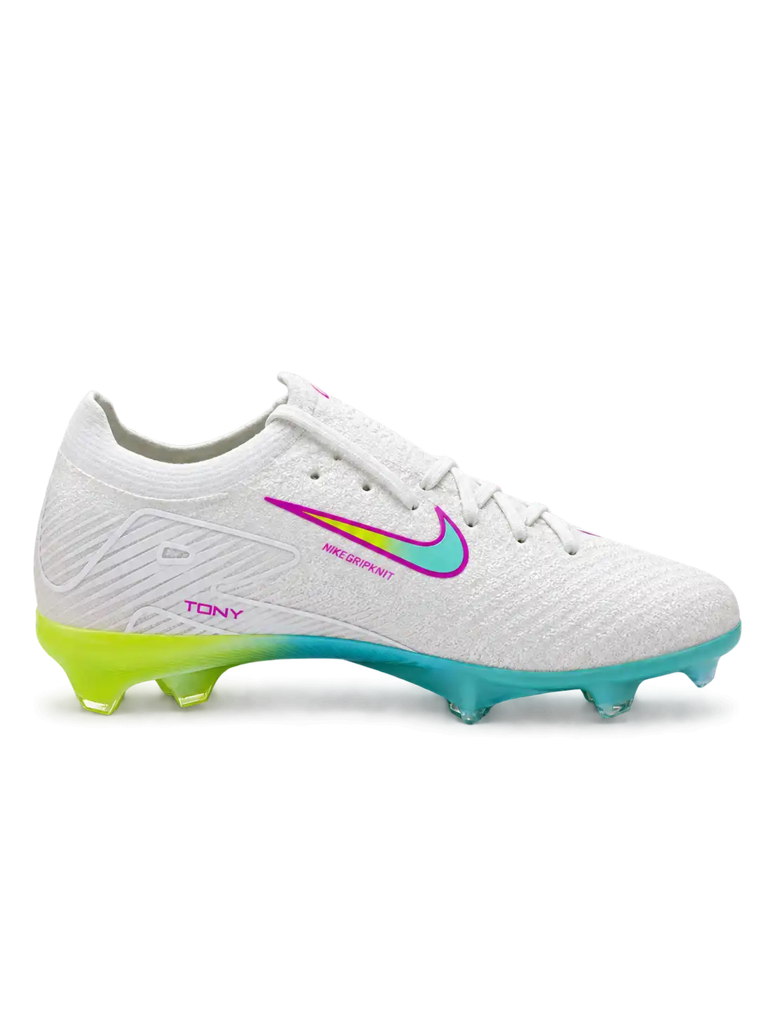 Nike Mercurial/マーキュリアル FG ホワイトとターコイズのサッカースパイク、グラデーションのスウッシュと虹色のソールプレート