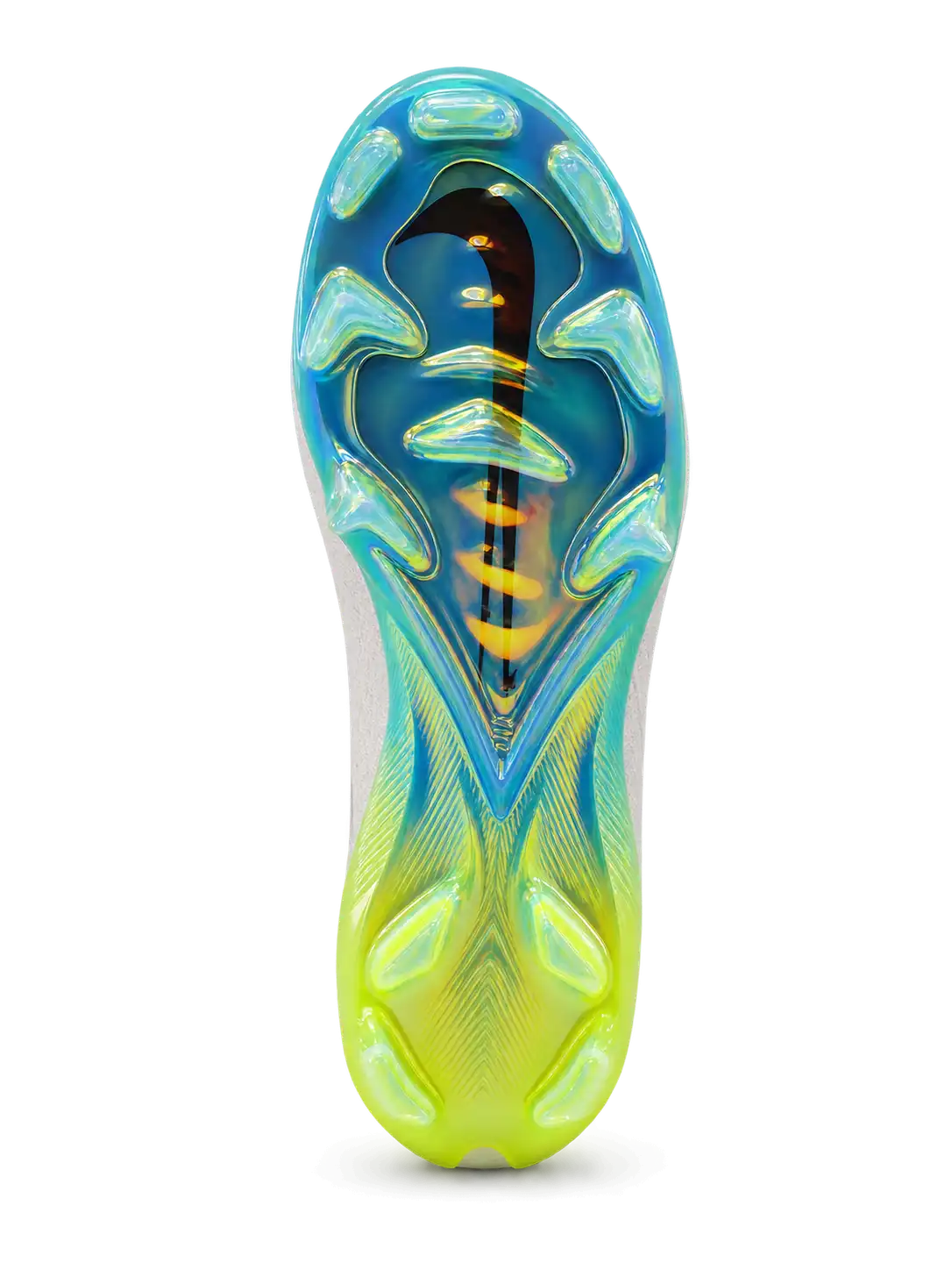 Nike Mercurial/マーキュリアル FG ホワイトとターコイズのサッカースパイク、グラデーションのスウッシュと虹色のソールプレート