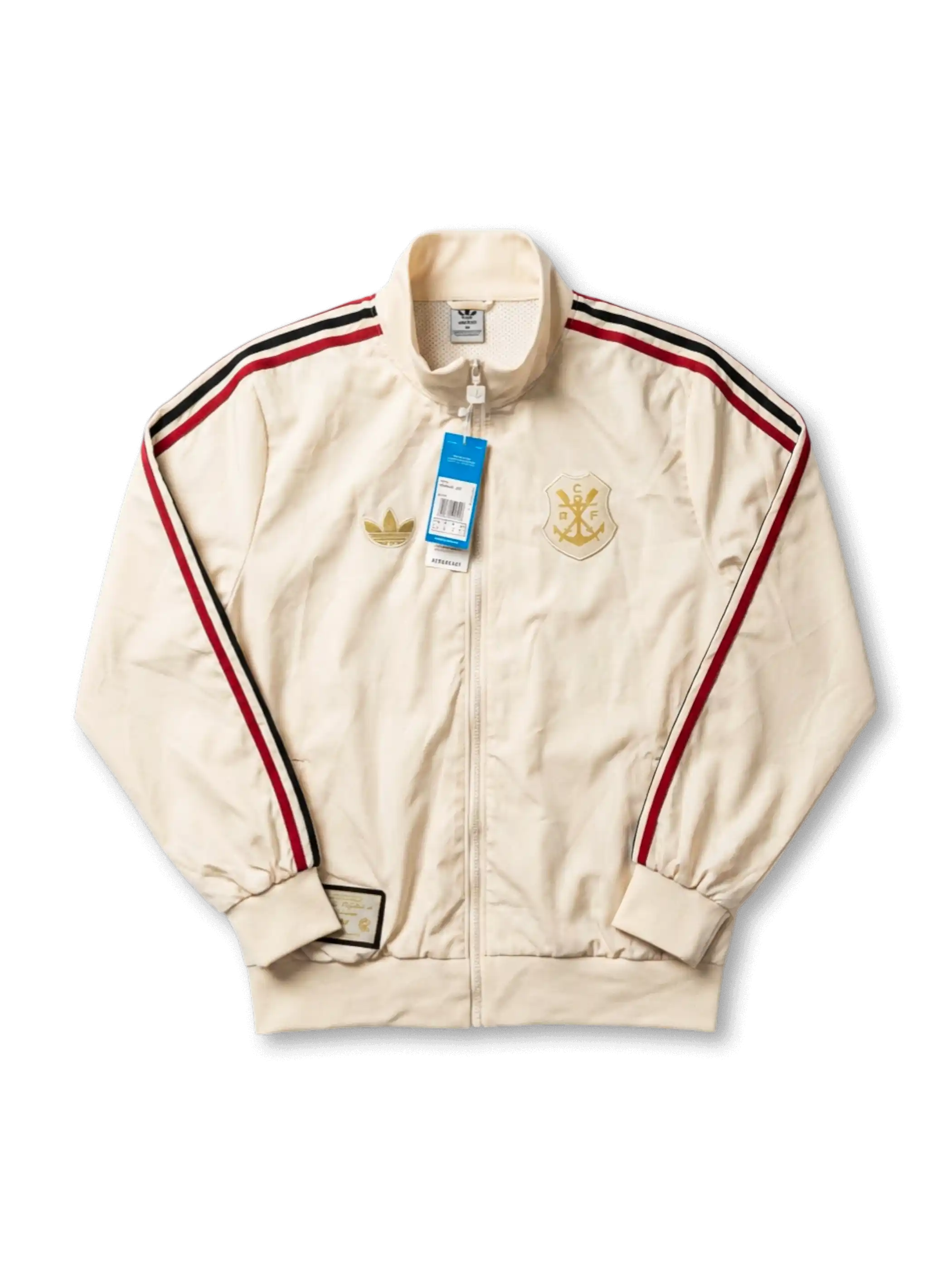 フラメンゴ adidas Originals トラックジャケット正面、オフホワイト×赤黒トリプルストライプ・ゴールド錨エンブレム