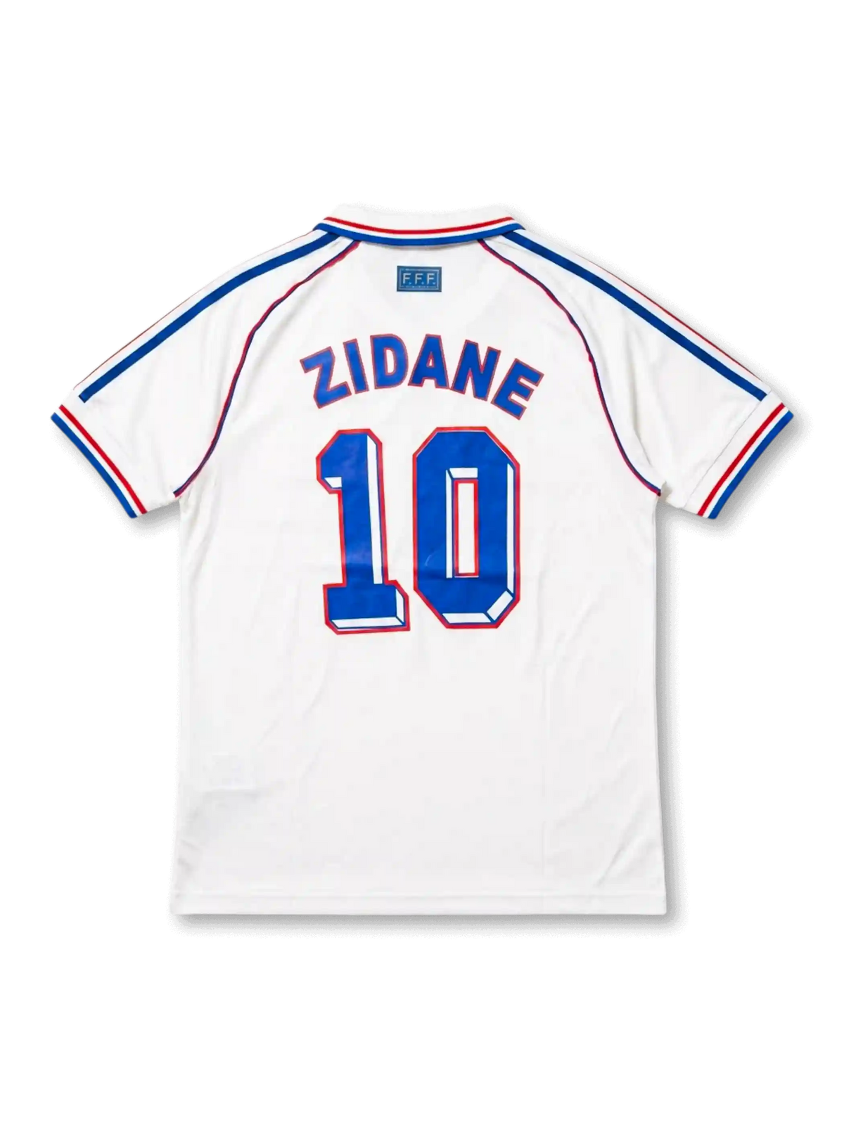 フランス代表 1998 FIFAワールドカップ アウェイ ジダン10番 フロント（ホワイト＋トリコロール肩ストライプ＋FIFA WORLD CUP FRANCE 98刺繍＋FFFガリックロースター・エンブレム＋ブルーホリゾンタルバンド＋ブルー背番号10）