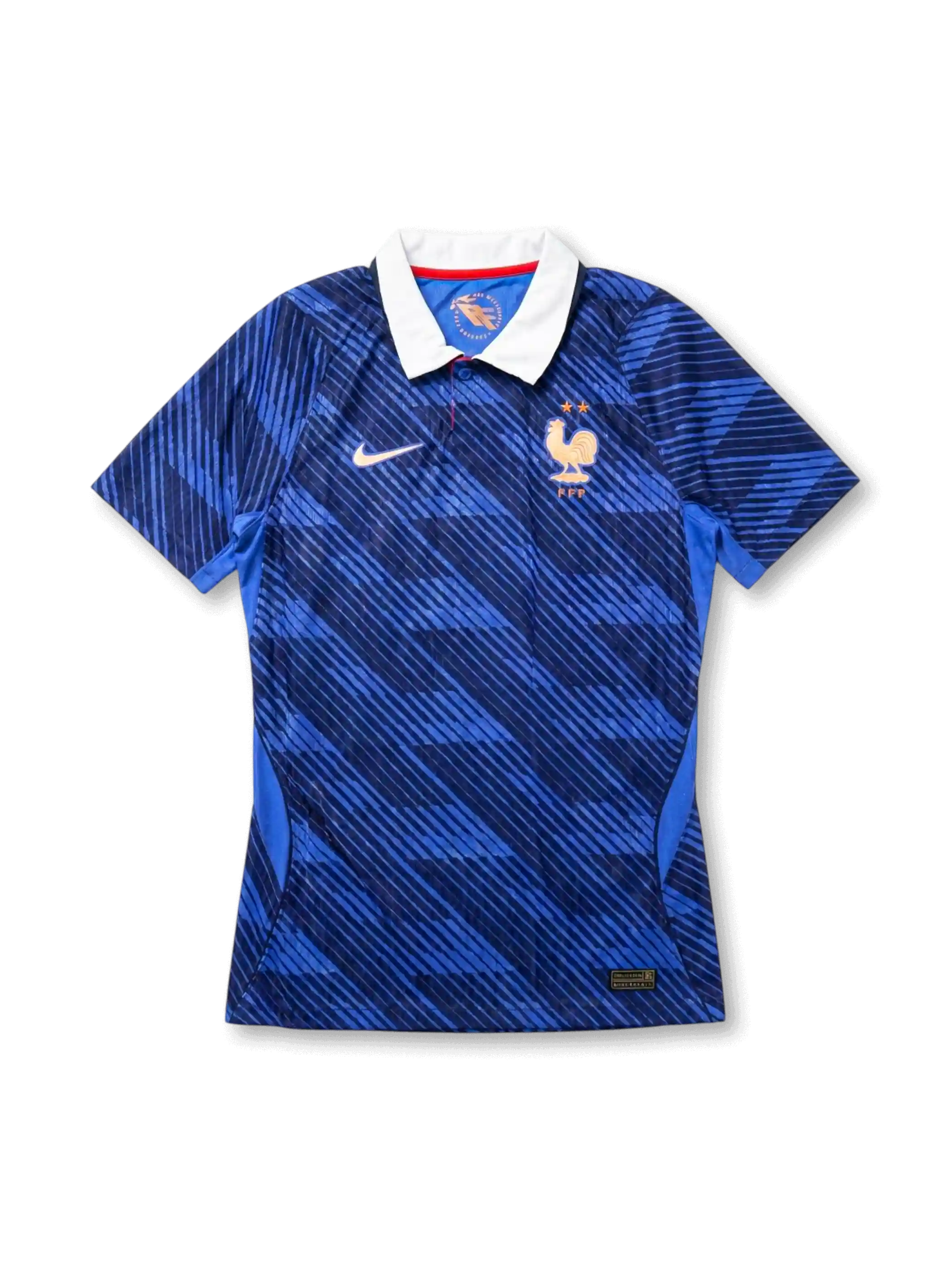 フランス代表 2026 FIFAワールドカップ ホーム Authentic フロント（ロイヤルブルー地ダイアゴナルジャカード＋ローズゴールドFFFガリックロースター・エンブレム＋2つ星＋ホワイトポロカラー＋ローズゴールドNikeスウッシュ）