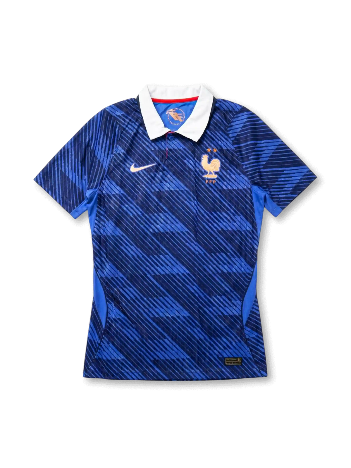 フランス代表 2026 FIFAワールドカップ ホーム Authentic フロント（ロイヤルブルー地ダイアゴナルジャカード＋ローズゴールドFFFガリックロースター・エンブレム＋2つ星＋ホワイトポロカラー＋ローズゴールドNikeスウッシュ）