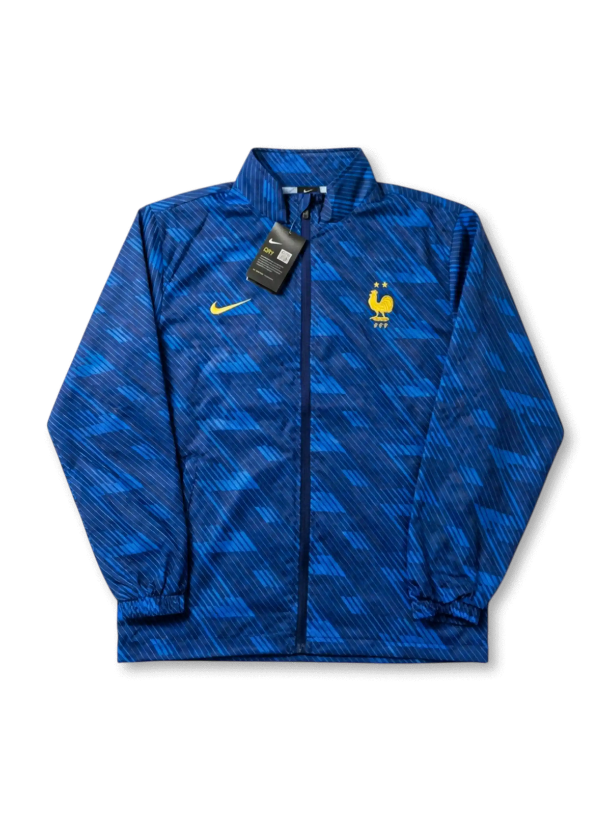フランス代表×Nikeウィンドブレーカートレーニングジャケット正面・ブルー幾何学柄、ロイヤルブルー幾何学カモフラージュ総柄・ゴールドNikeスウッシュ・2星FFFエンブレム・タグ付き未使用