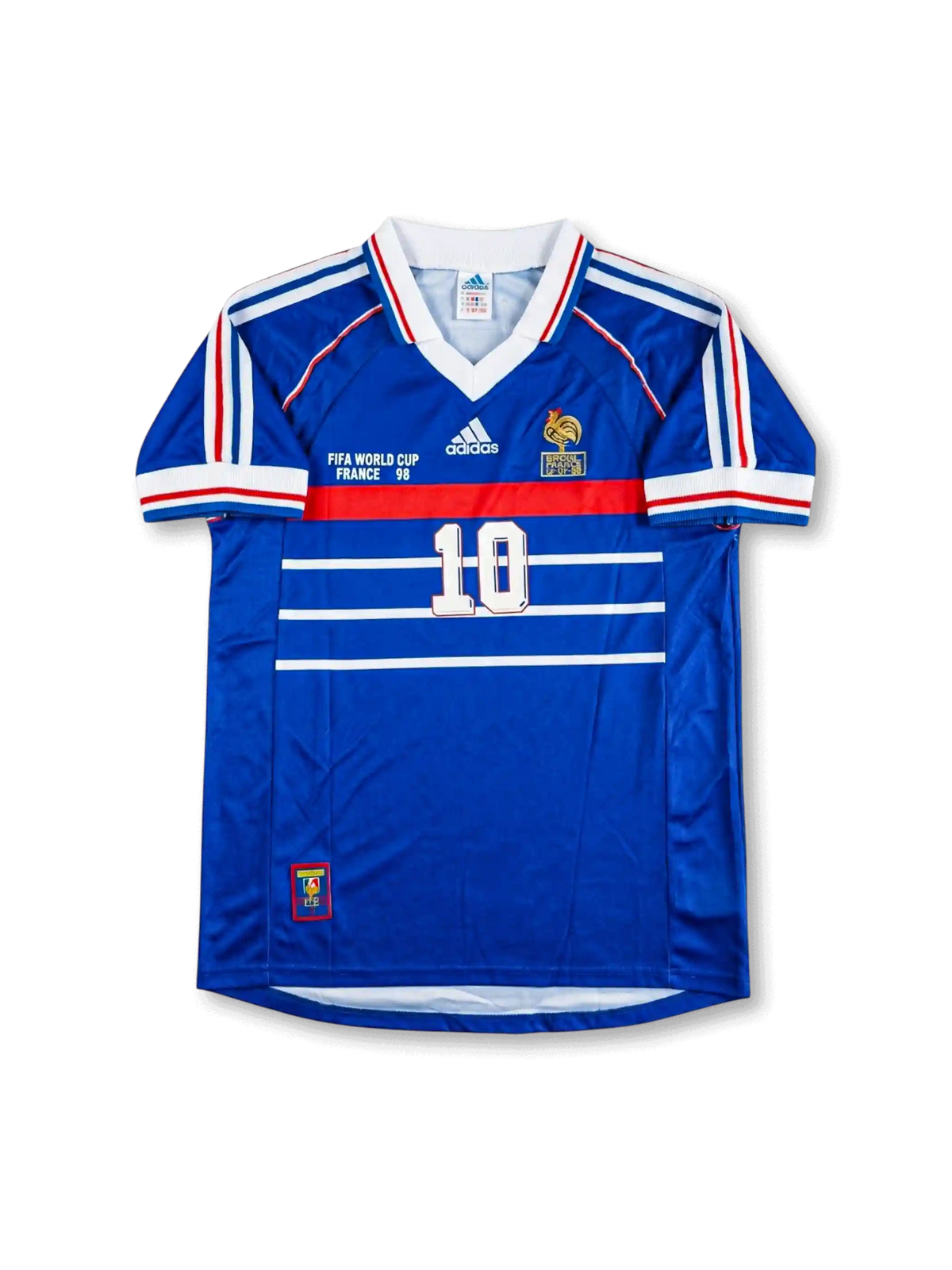 フランス代表 1998年W杯 ホームジャージ 前面 — ロイヤルブルー×赤白横ストライプ×FIFA WORLD CUP FRANCE 98表記×FFFコック刺繍エンブレム×10番