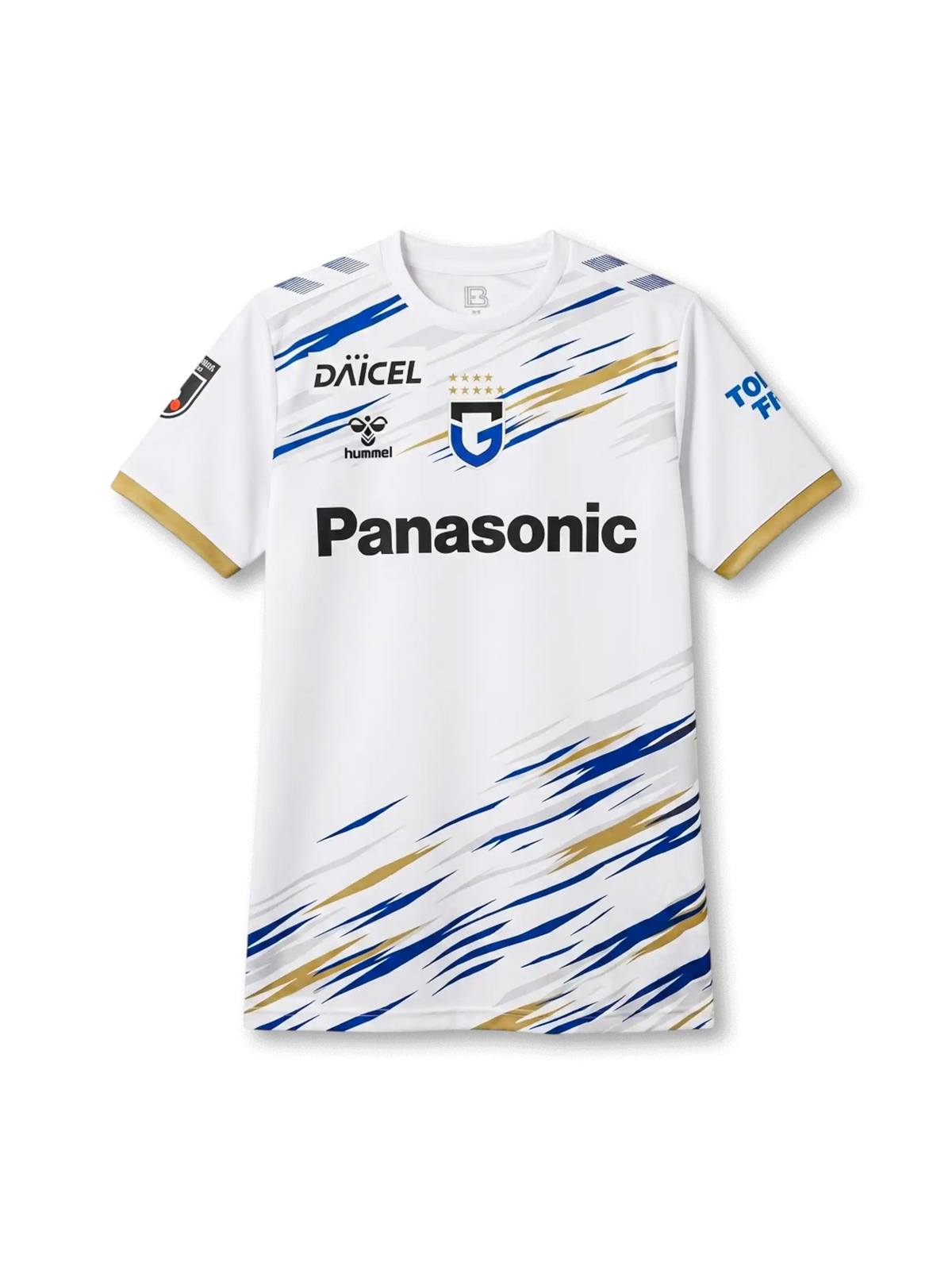 ガンバ大阪 2026/27 アウェイジャージ 前面 — ホワイト×ブルー×ゴールドスクラッチグラフィック×Panasonicロゴ×五星エンブレム
