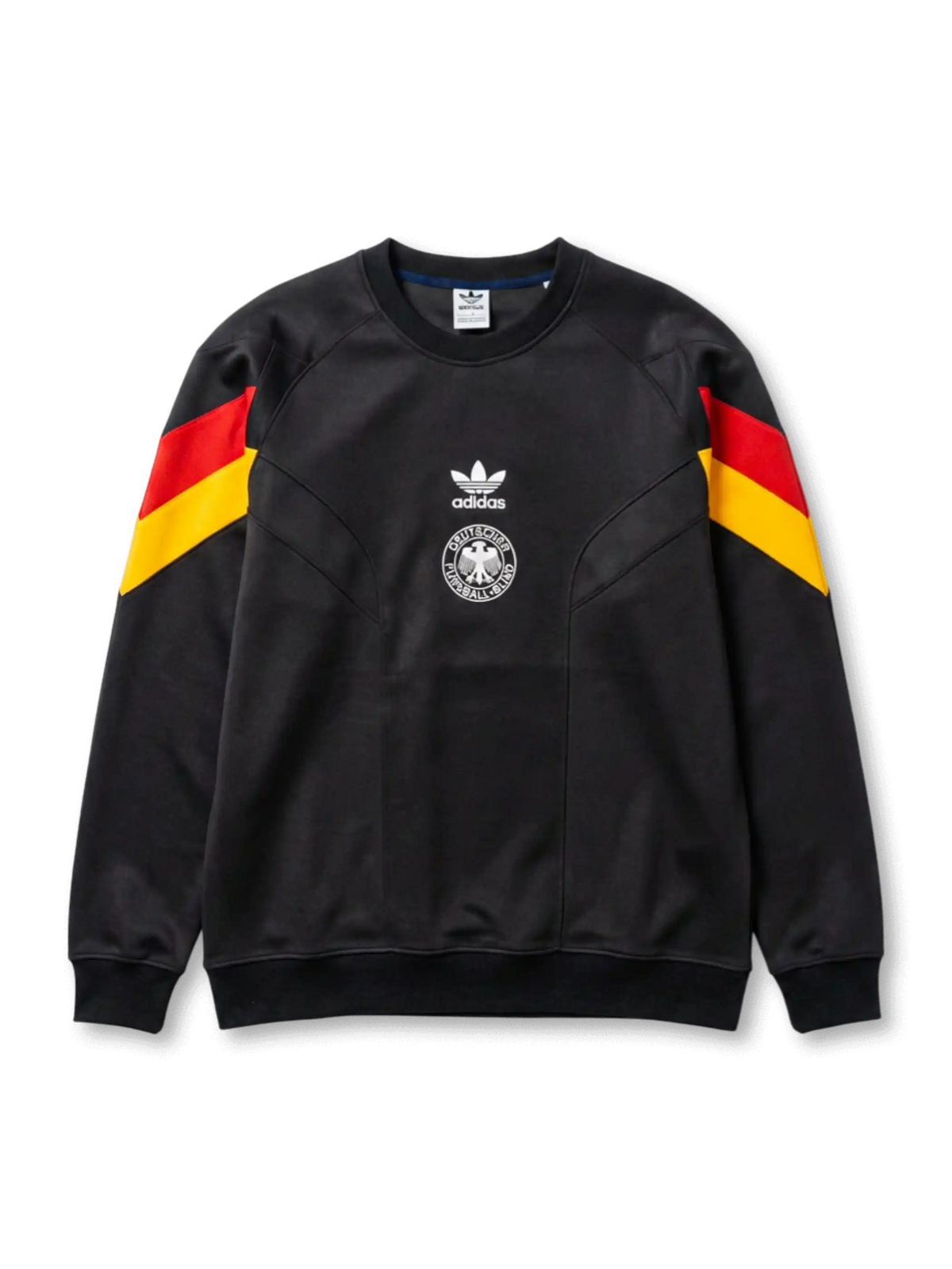 ドイツ代表 adidas Originals アーカイブスウェット正面、ブラック×赤黄シェブロン・DFBワシエンブレム・トレフォイル中央配置