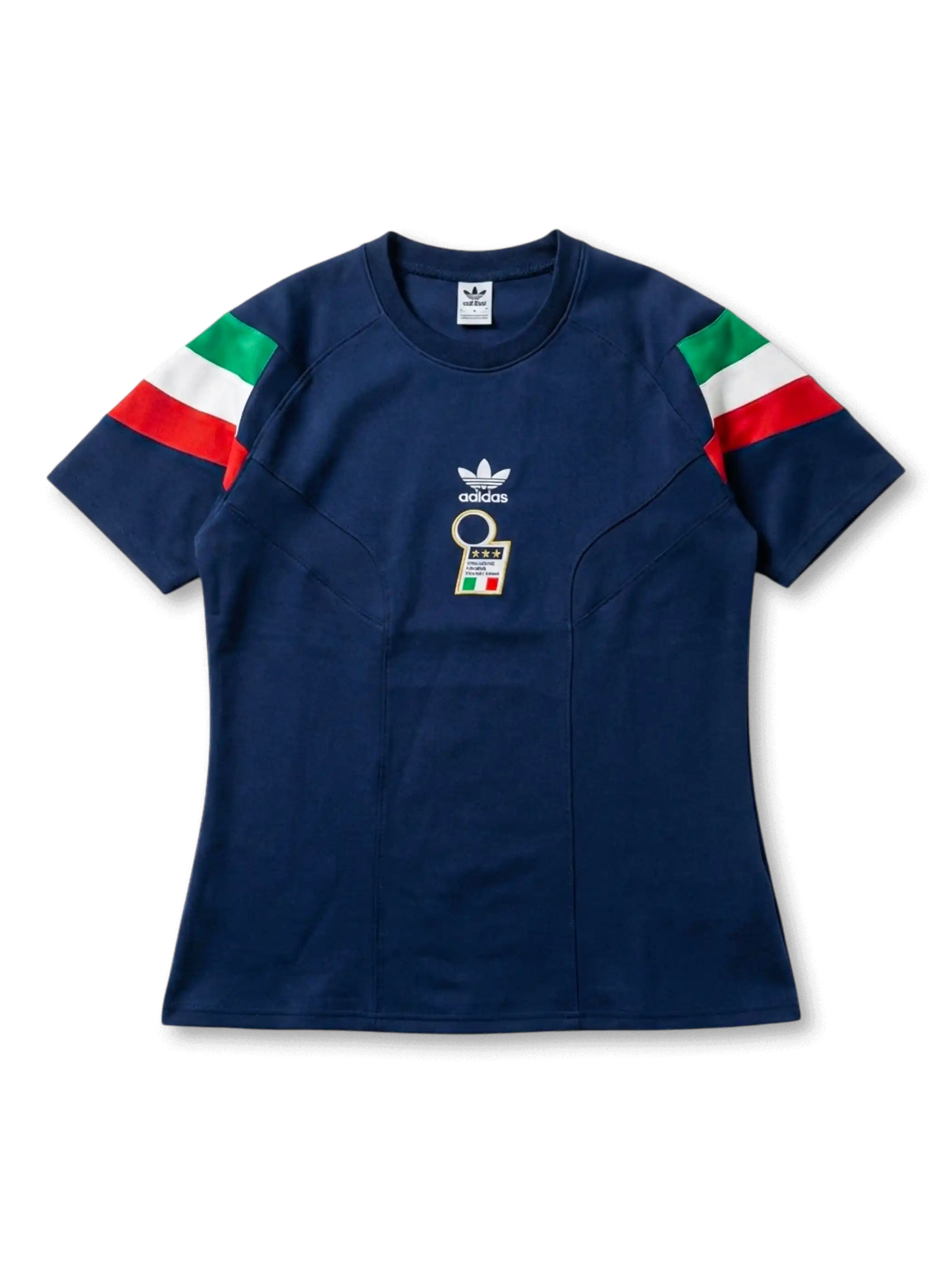 イタリア代表 Originals 復刻ショートスリーブトップ 前面 — ネイビー×トリコローレ袖ストライプ×四星付きFIGCエンブレム×ホワイトトレフォイルロゴ