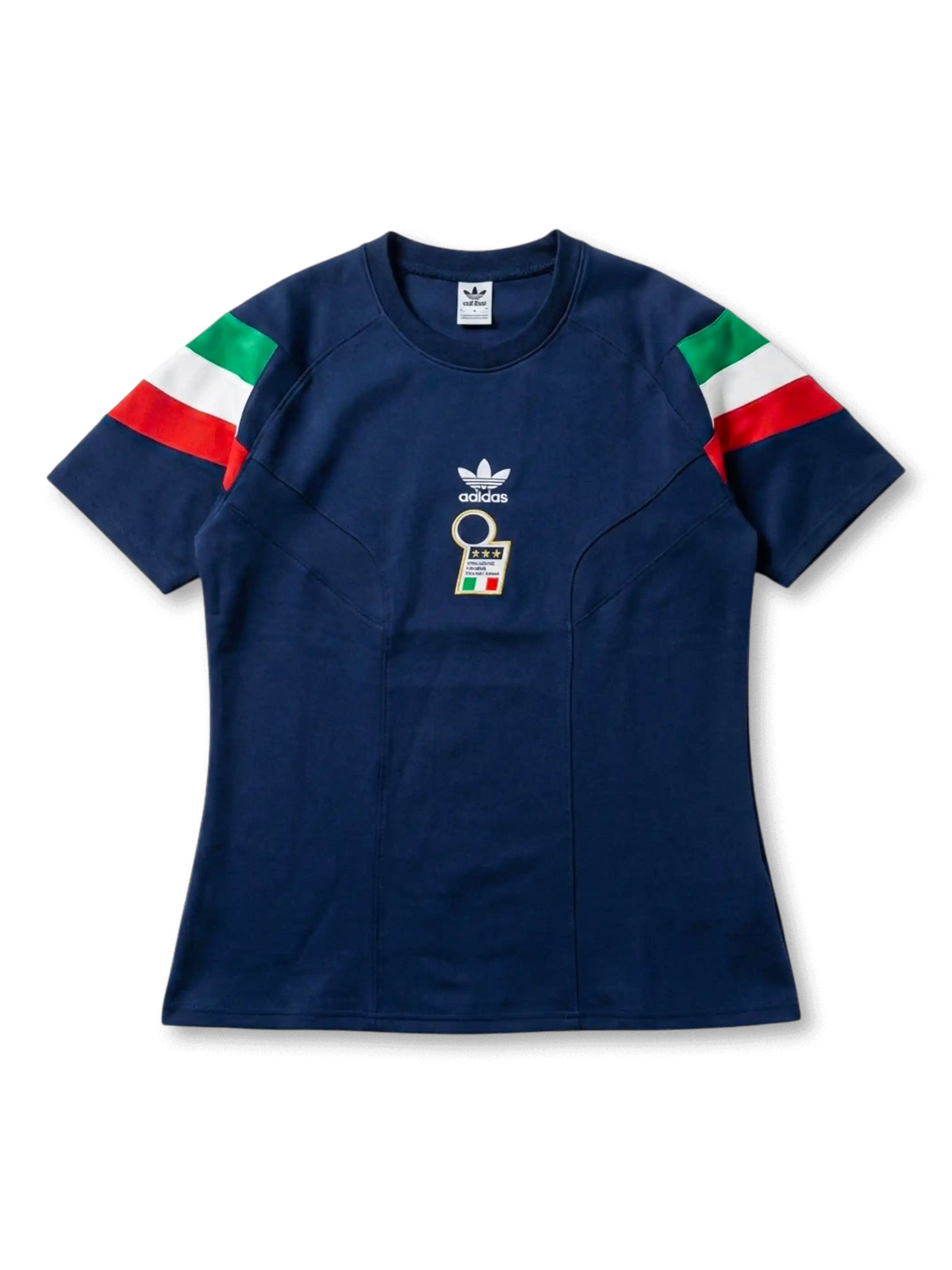 イタリア代表 Originals 復刻ショートスリーブトップ 前面 — ネイビー×トリコローレ袖ストライプ×四星付きFIGCエンブレム×ホワイトトレフォイルロゴ