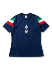 イタリア代表 Originals 復刻ショートスリーブトップ 前面 — ネイビー×トリコローレ袖ストライプ×四星付きFIGCエンブレム×ホワイトトレフォイルロゴ