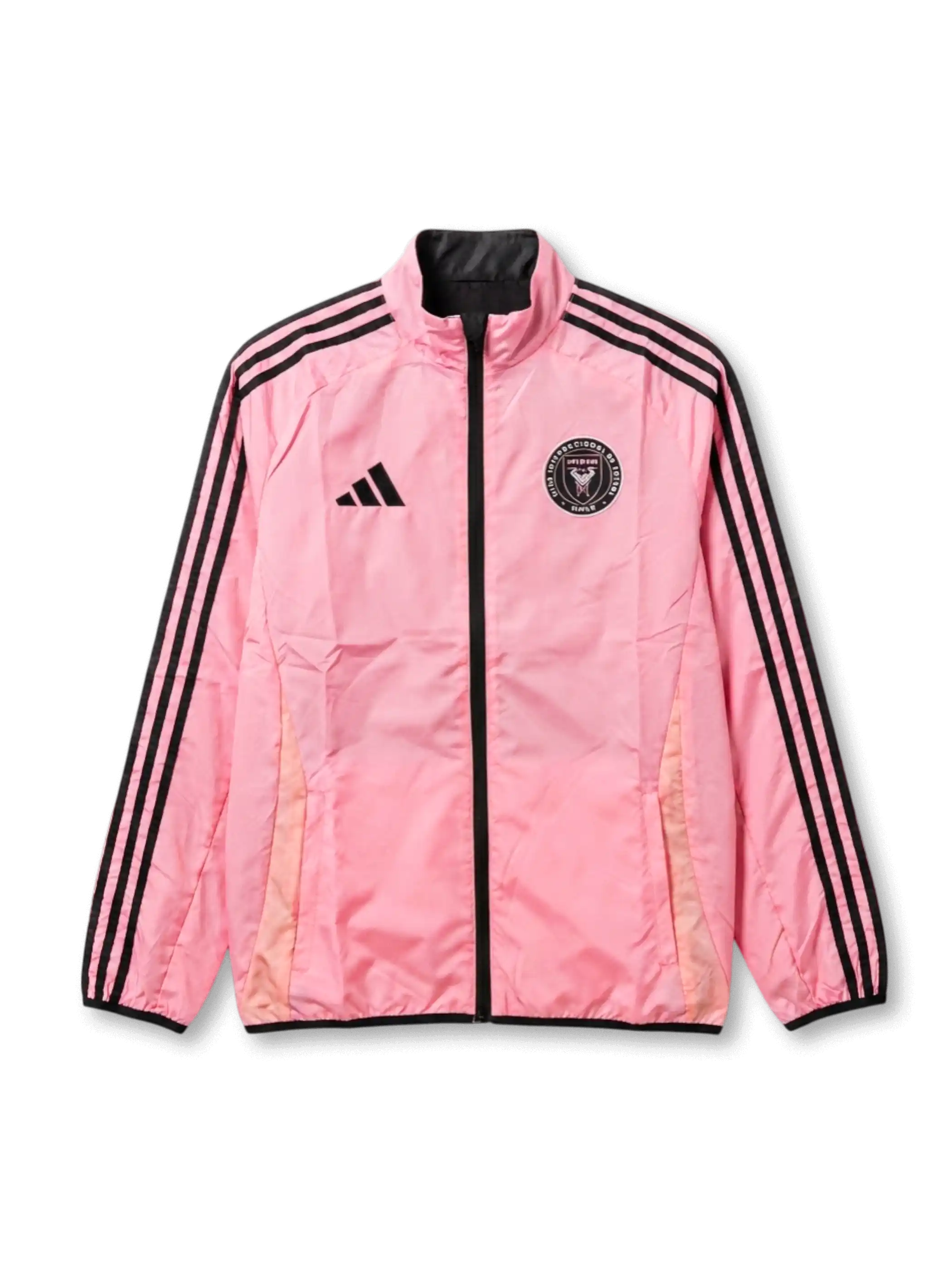 インテル・マイアミCF adidas リバーシブルウィンドブレーカー ピンク面 — ブラック3ストライプと公式円形エンブレム刺繍
