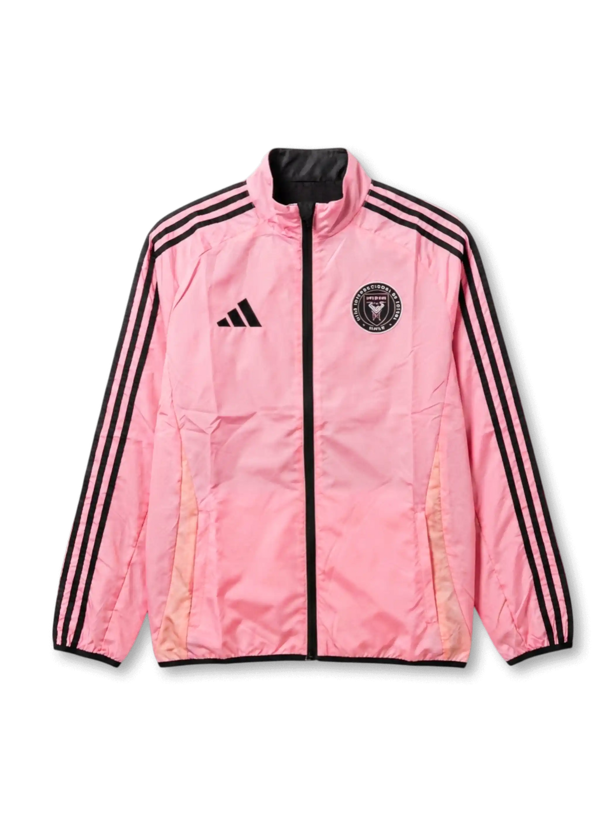 インテル・マイアミCF adidas リバーシブルウィンドブレーカー ピンク面 — ブラック3ストライプと公式円形エンブレム刺繍
