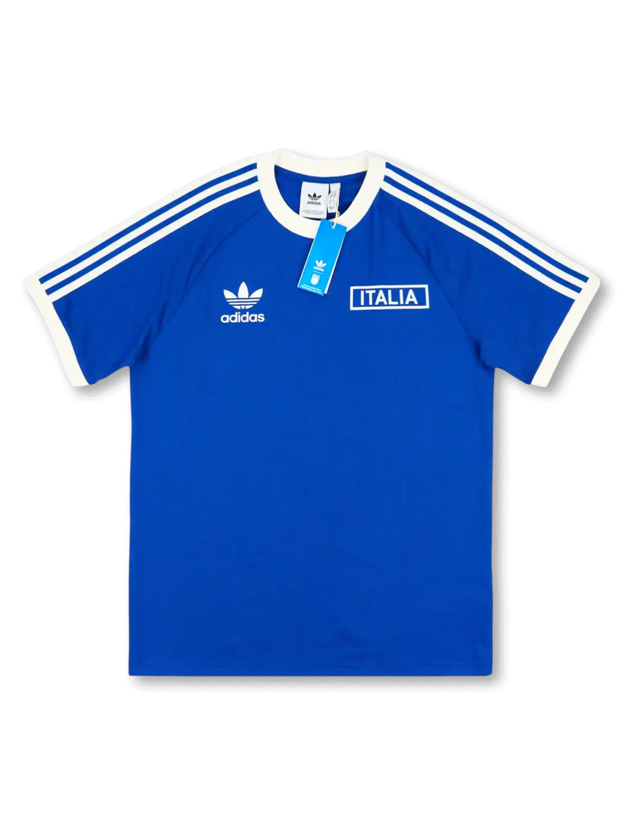 イタリア代表×adidas Originalsライフスタイル正面、アズーロ×クリームホワイト3本ストライプ袖・ITALIAボックステキスト・FIGCエンブレム・タグ付き未使用