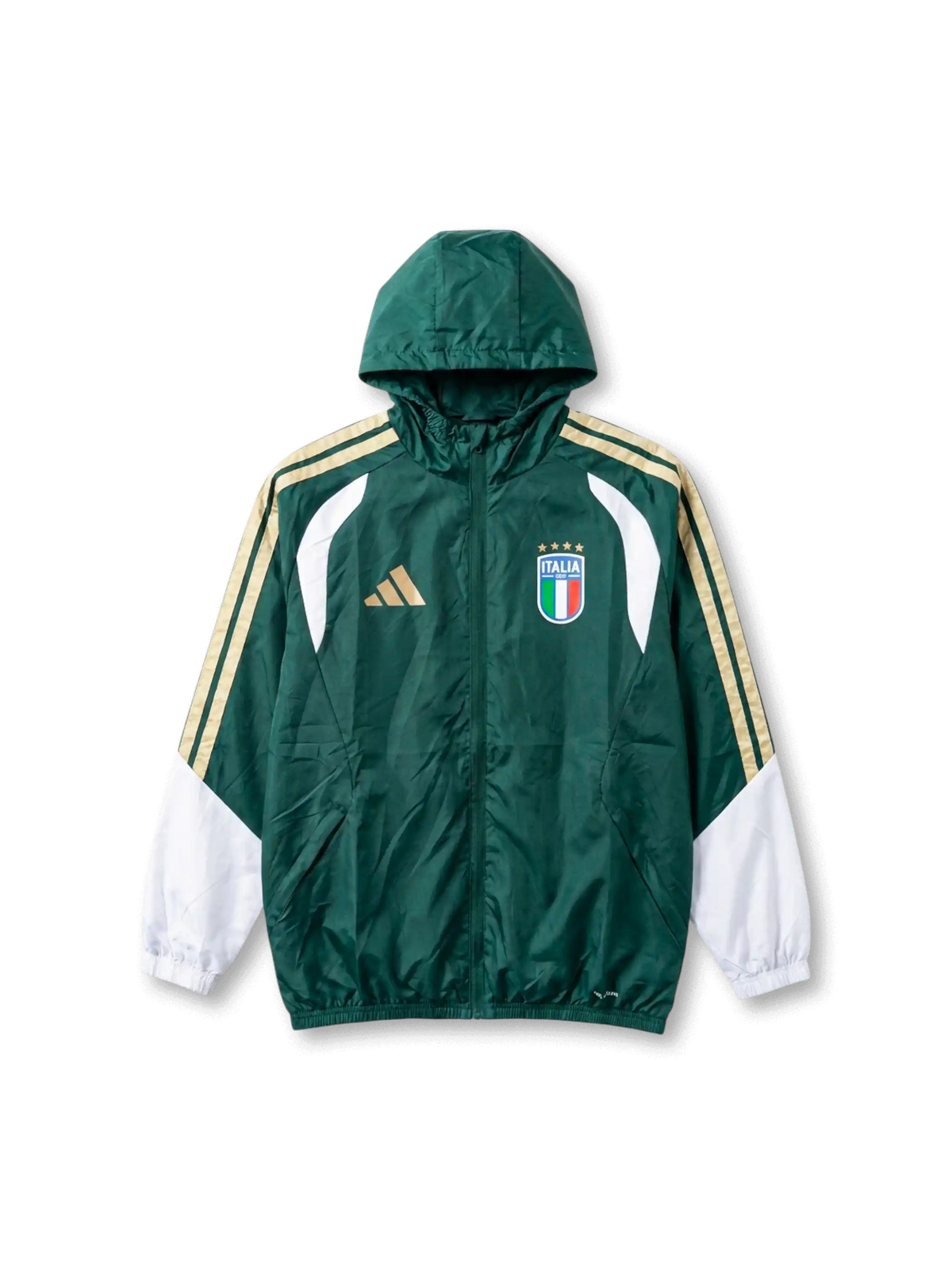 イタリア代表 2026 アンセムフーデッドジャケット 前面 — ダークグリーン×ゴールド3ストライプ×ホワイト袖×四星FIGCエンブレム