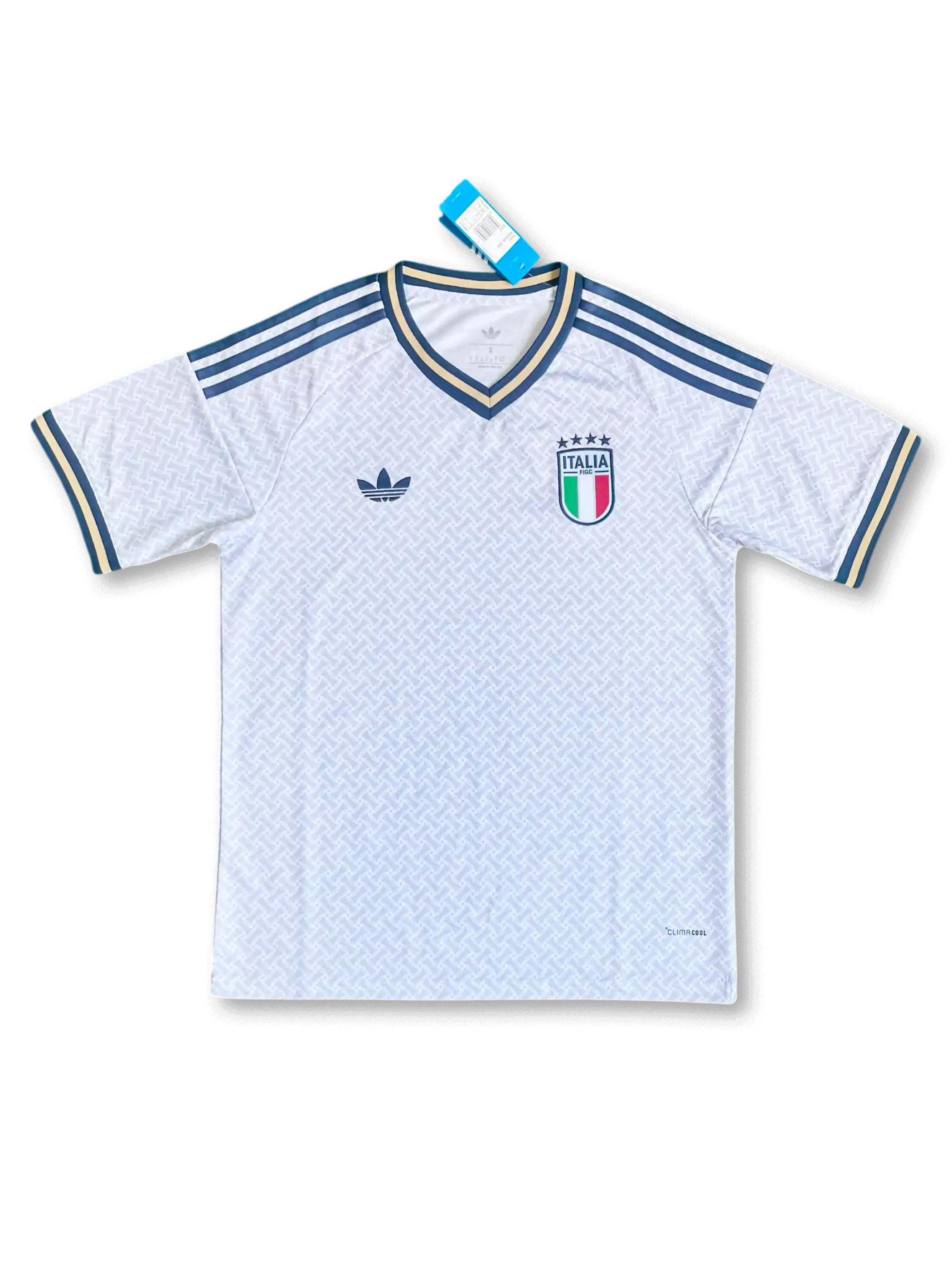 イタリア代表 2026 アウェイジャージ Originalsトレフォイルエディション レプリカ 正面 — ホワイト×バスケットウィーブジャカード、ネイビー×ゴールドネック、トレフォイルロゴ、4つ星FIGCエンブレム、タグ付き