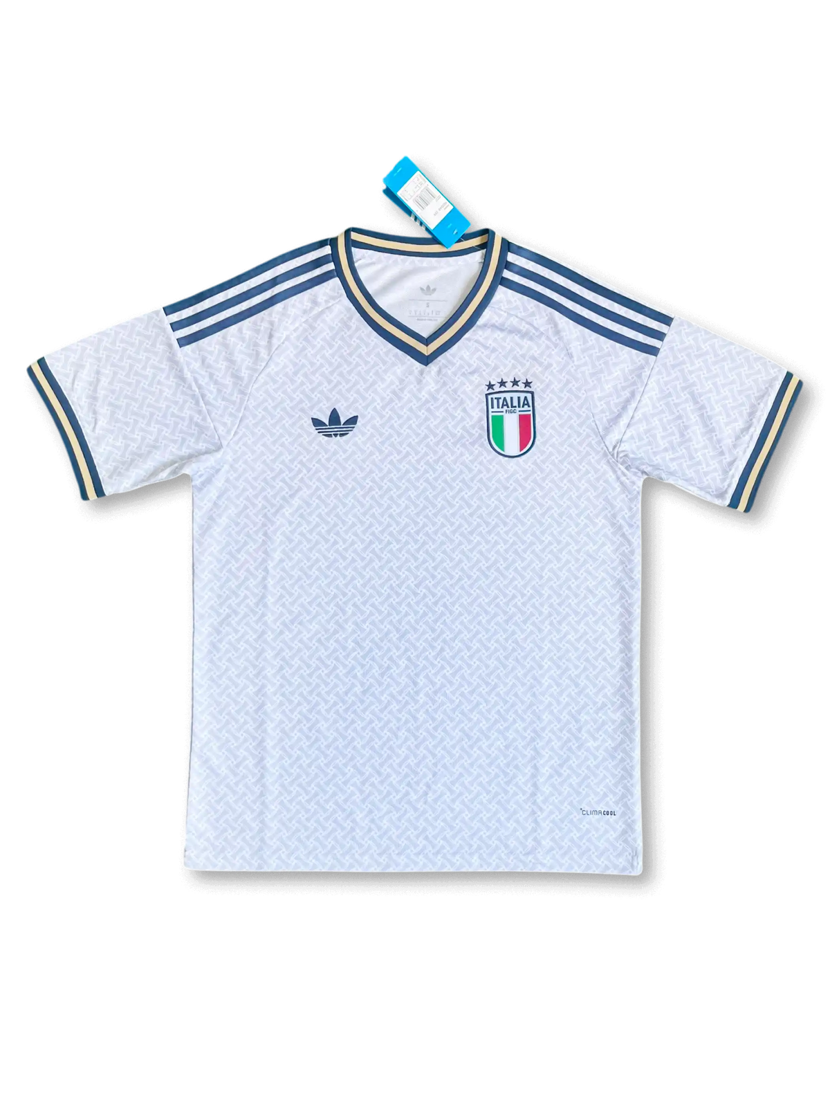 イタリア代表 2026 アウェイジャージ Originalsトレフォイルエディション レプリカ 正面 — ホワイト×バスケットウィーブジャカード、ネイビー×ゴールドネック、トレフォイルロゴ、4つ星FIGCエンブレム、タグ付き