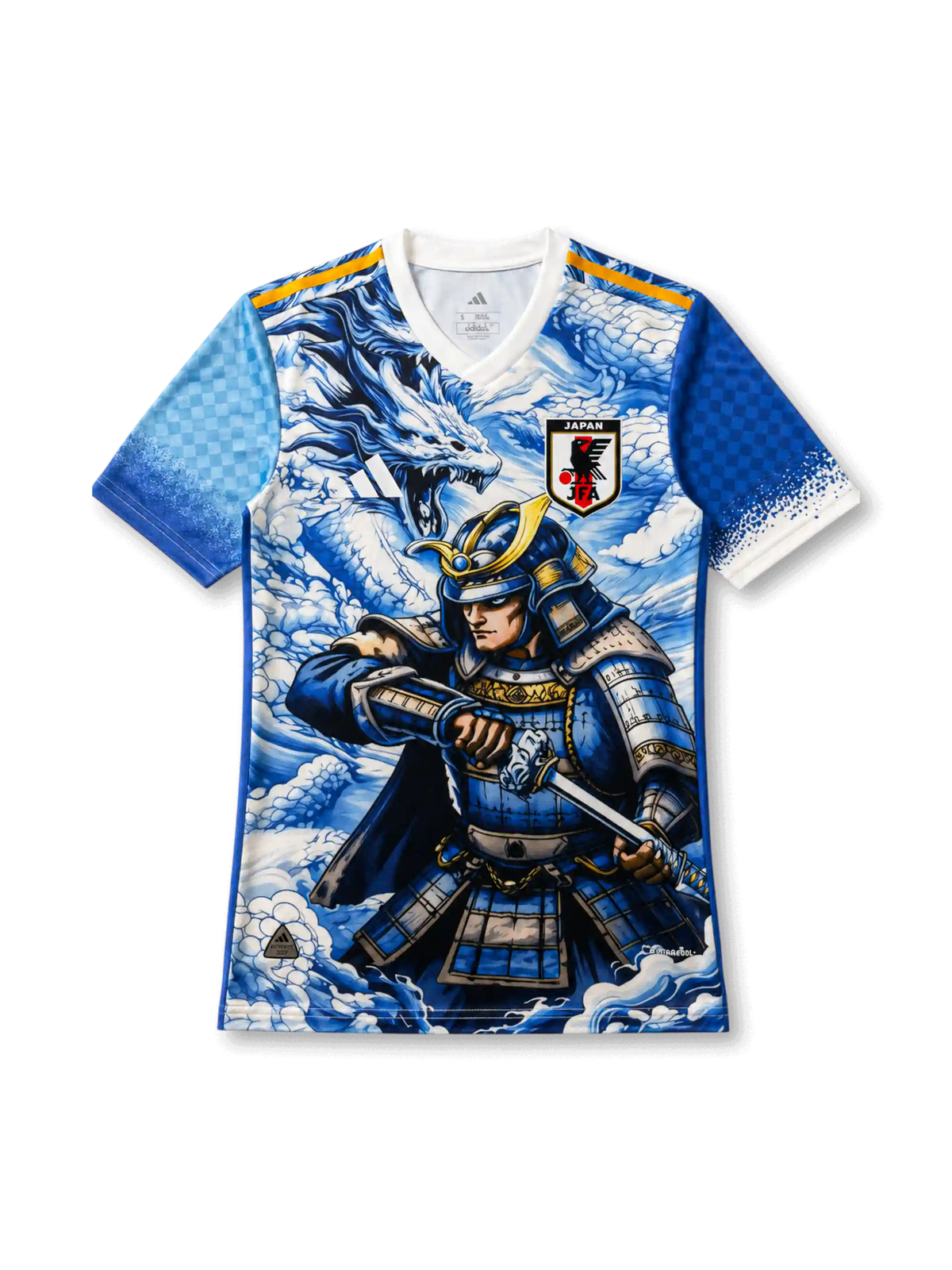 日本代表 スペシャルエディション「龍鱗武者」 Authentic フロント（甲冑武者＋青龍ファインアートグラフィック＋JFA八咫烏エンブレム＋市松模様袖トリム＋adidasロゴ）