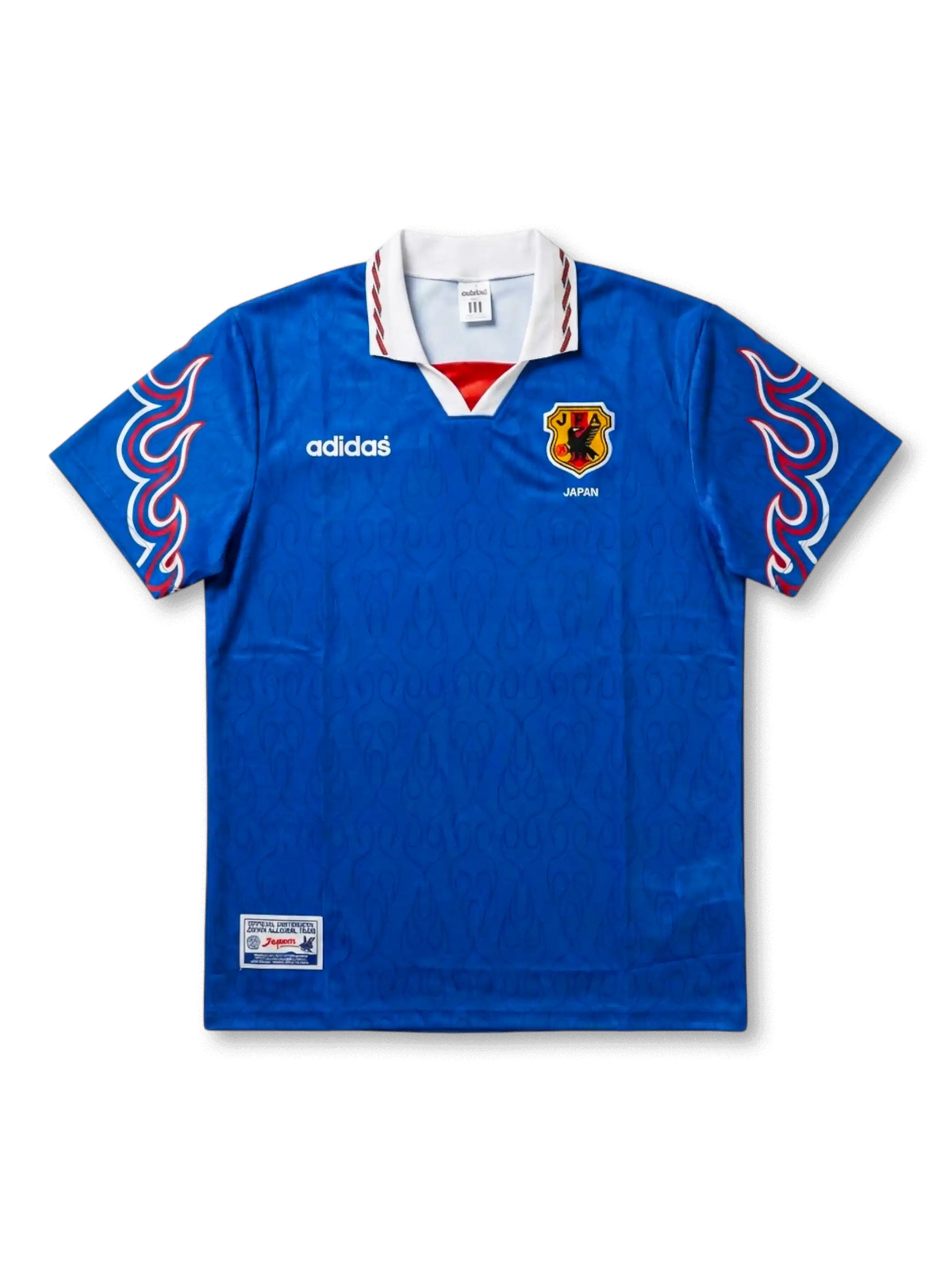 日本代表 1996–1998参照 復刻ホームジャージ 前面 — ロイヤルブルー×赤白炎袖×八咫烏JFAエンブレム×ジャカード暗紋