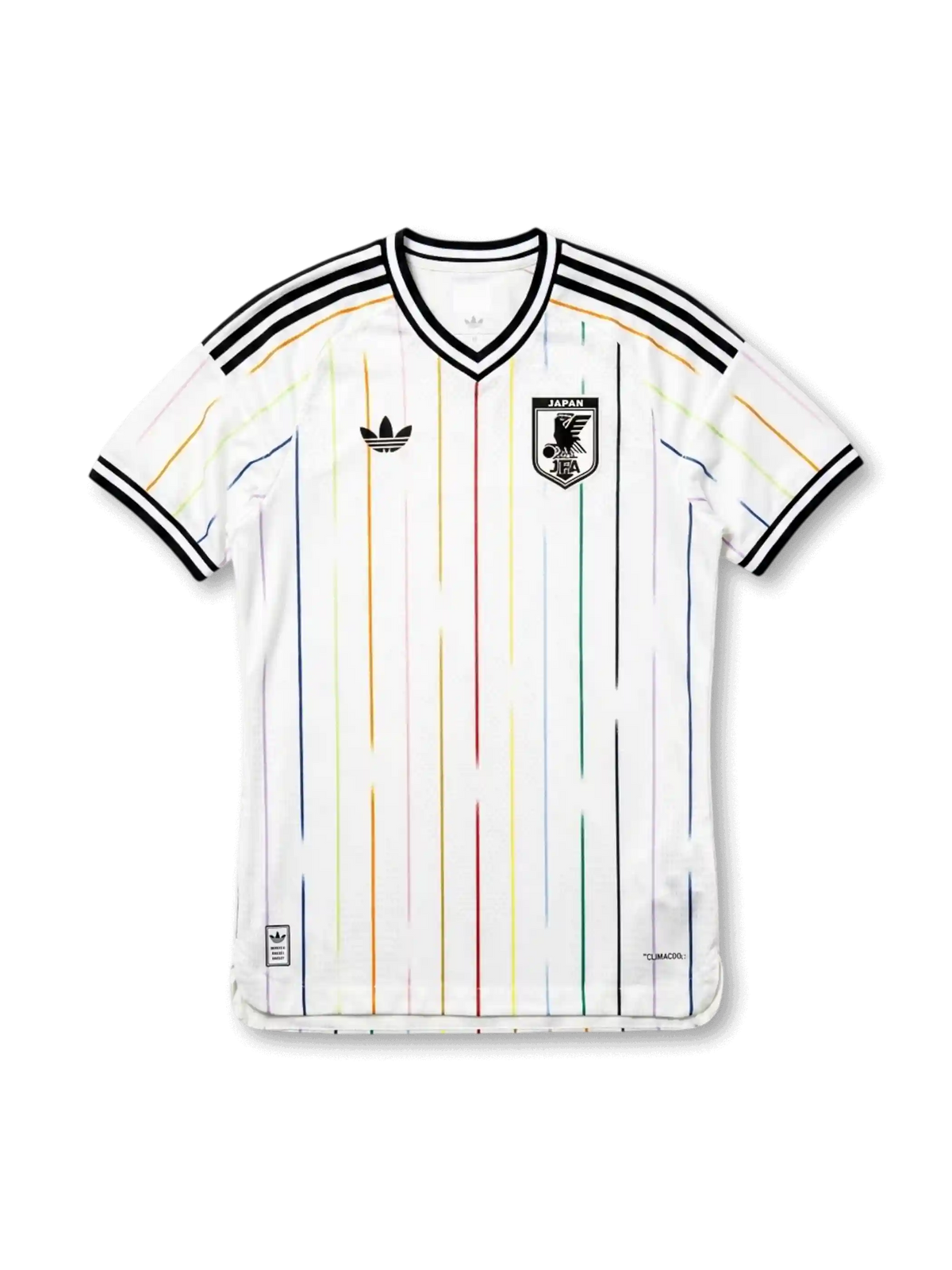 日本代表 2026 FIFAワールドカップ アウェイ Authentic フロント（レインボーピンストライプ＋adidas Originalsトレフォイル＋JFA八咫烏エンブレム＋3ストライプ肩）