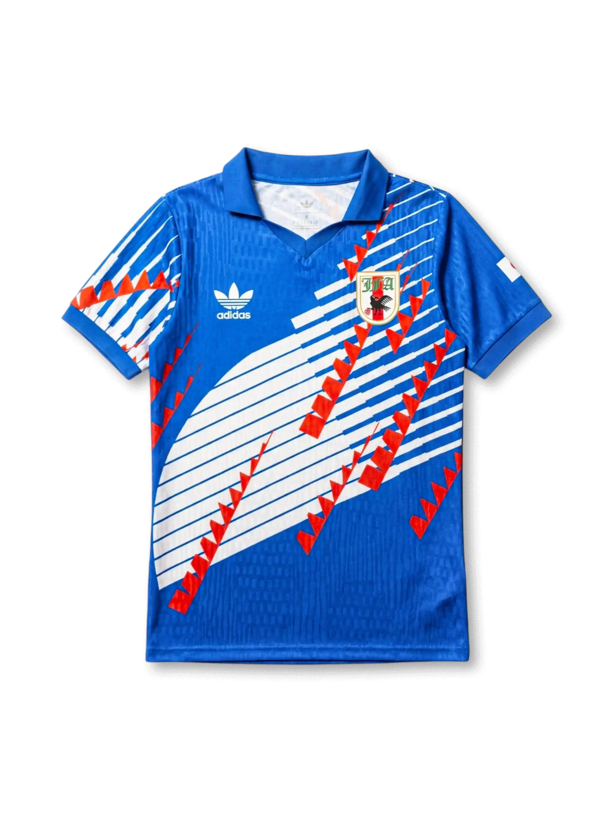 日本代表 adidas Originals オーセンティックレトロジャージ 1993 ブルー — 白斜めストライプと赤鋸歯状パターン、JFAヴィンテージ盾形エンブレムを配した復刻スペシャルエディション