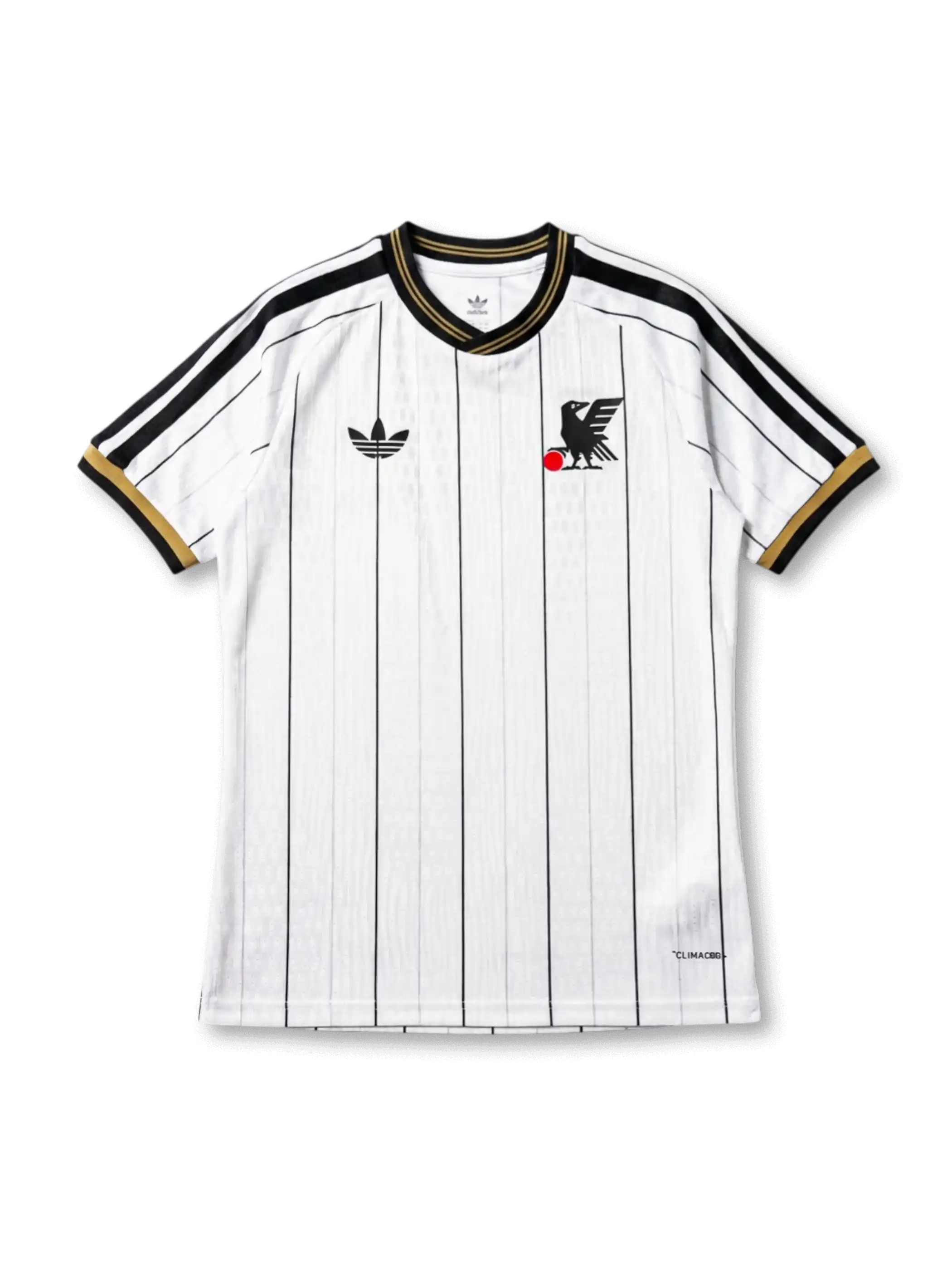日本代表 adidas Originals オーセンティックレトロジャージ ホワイトピンストライプ — ブラック細縦縞とゴールド×ブラックトリム、ヴィンテージ八咫烏エンブレムを配した復刻スペシャルエディション