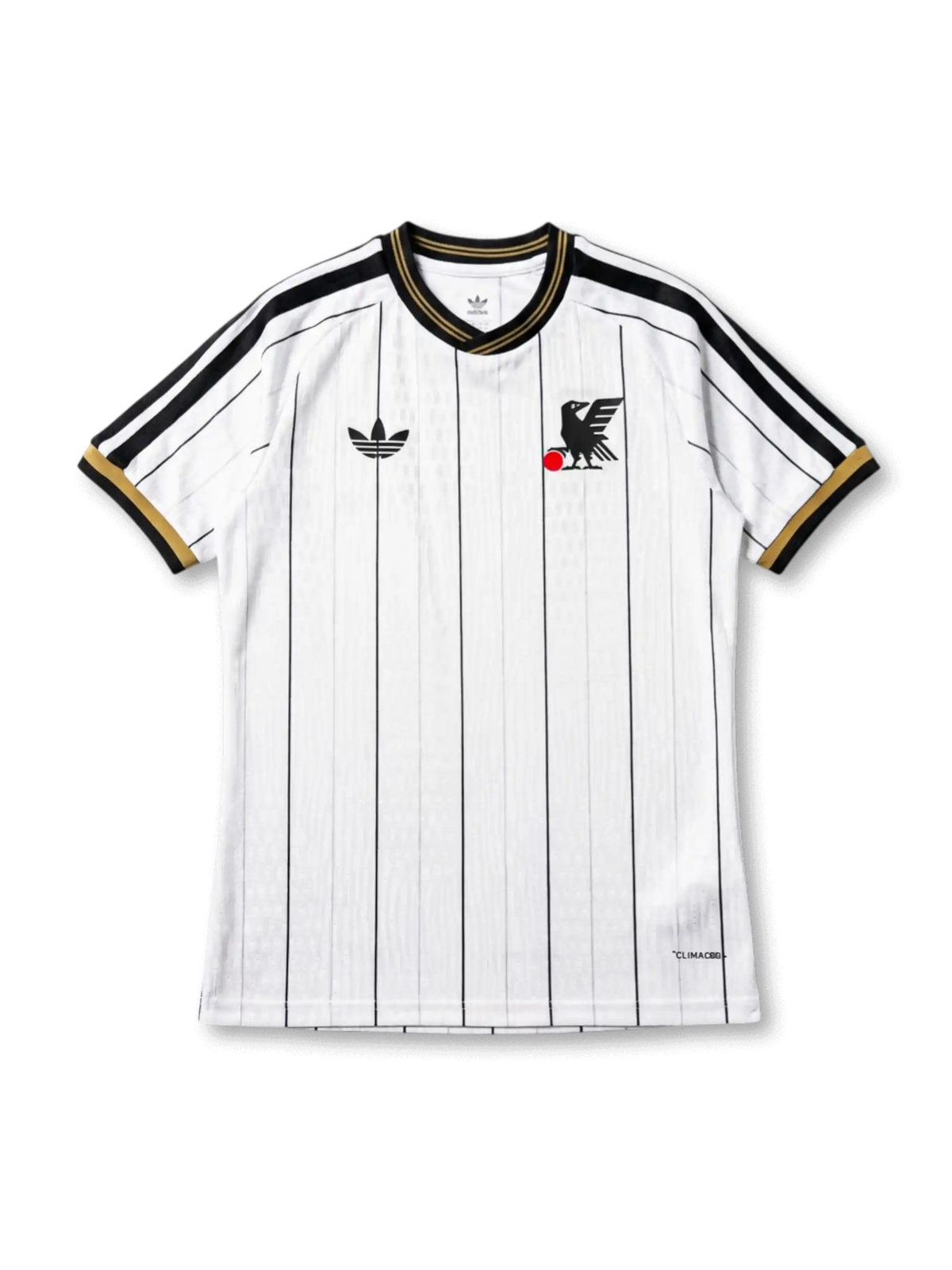 日本代表 adidas Originals オーセンティックレトロジャージ ホワイトピンストライプ — ブラック細縦縞とゴールド×ブラックトリム、ヴィンテージ八咫烏エンブレムを配した復刻スペシャルエディション
