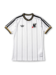 日本代表 adidas Originals オーセンティックレトロジャージ ホワイトピンストライプ — ブラック細縦縞とゴールド×ブラックトリム、ヴィンテージ八咫烏エンブレムを配した復刻スペシャルエディション