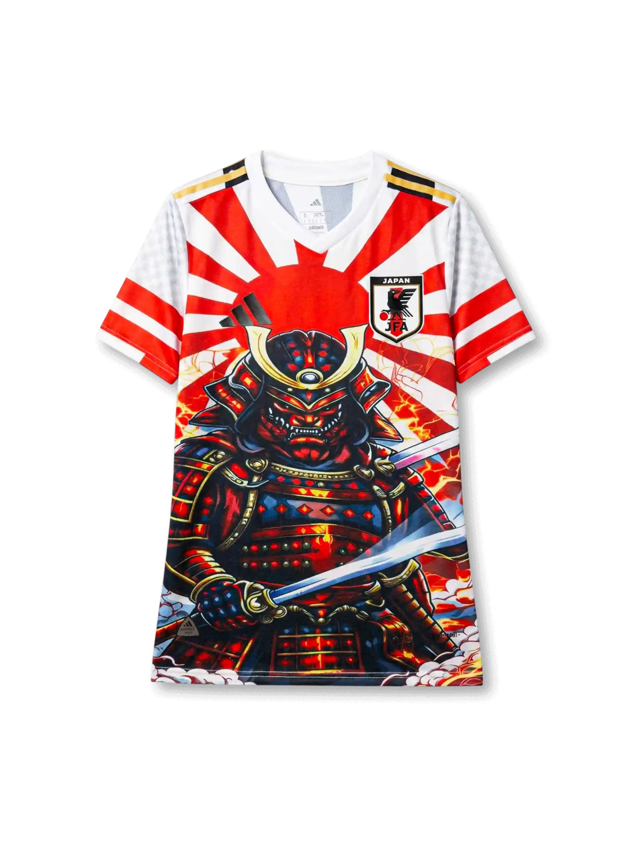 日本代表 スペシャルエディション「侍・落日余暉」 Authentic フロント（甲冑武者ファインアートグラフィック＋放射状サンレイ背景＋赤丸日輪＋JFA八咫烏エンブレム＋adidasロゴ）