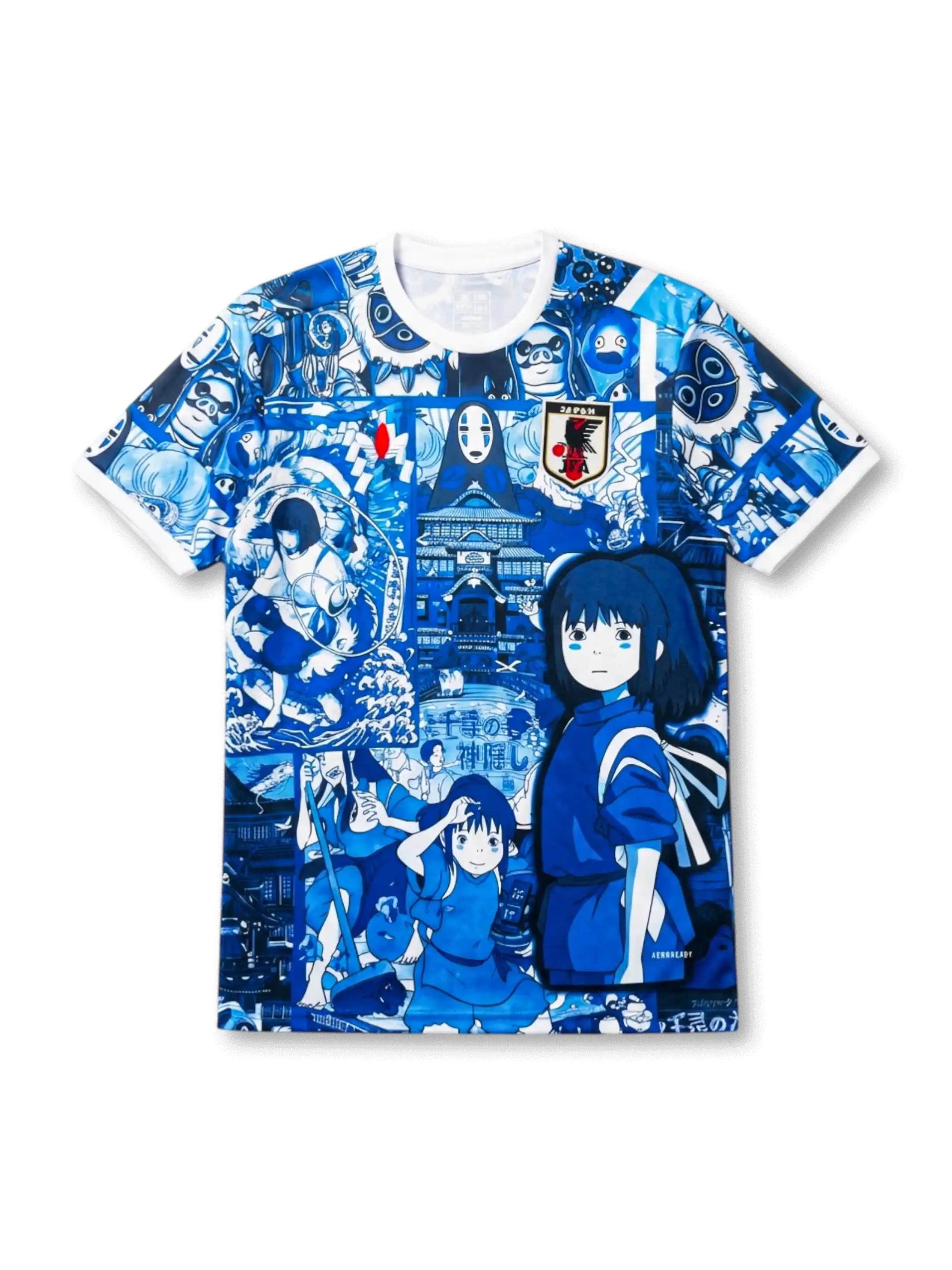 日本代表 千と千尋の神隠し ファンジャージ ブルーアニメエディション — ジブリ作品コラージュ全面プリントとJFA八咫烏エンブレム刺繍を配したアニメエディション