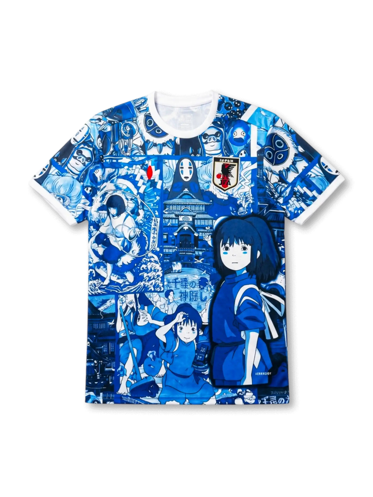 日本代表 千と千尋の神隠し ファンジャージ ブルーアニメエディション — ジブリ作品コラージュ全面プリントとJFA八咫烏エンブレム刺繍を配したアニメエディション