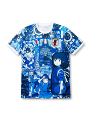 日本代表 千と千尋の神隠し ファンジャージ ブルーアニメエディション — ジブリ作品コラージュ全面プリントとJFA八咫烏エンブレム刺繍を配したアニメエディション