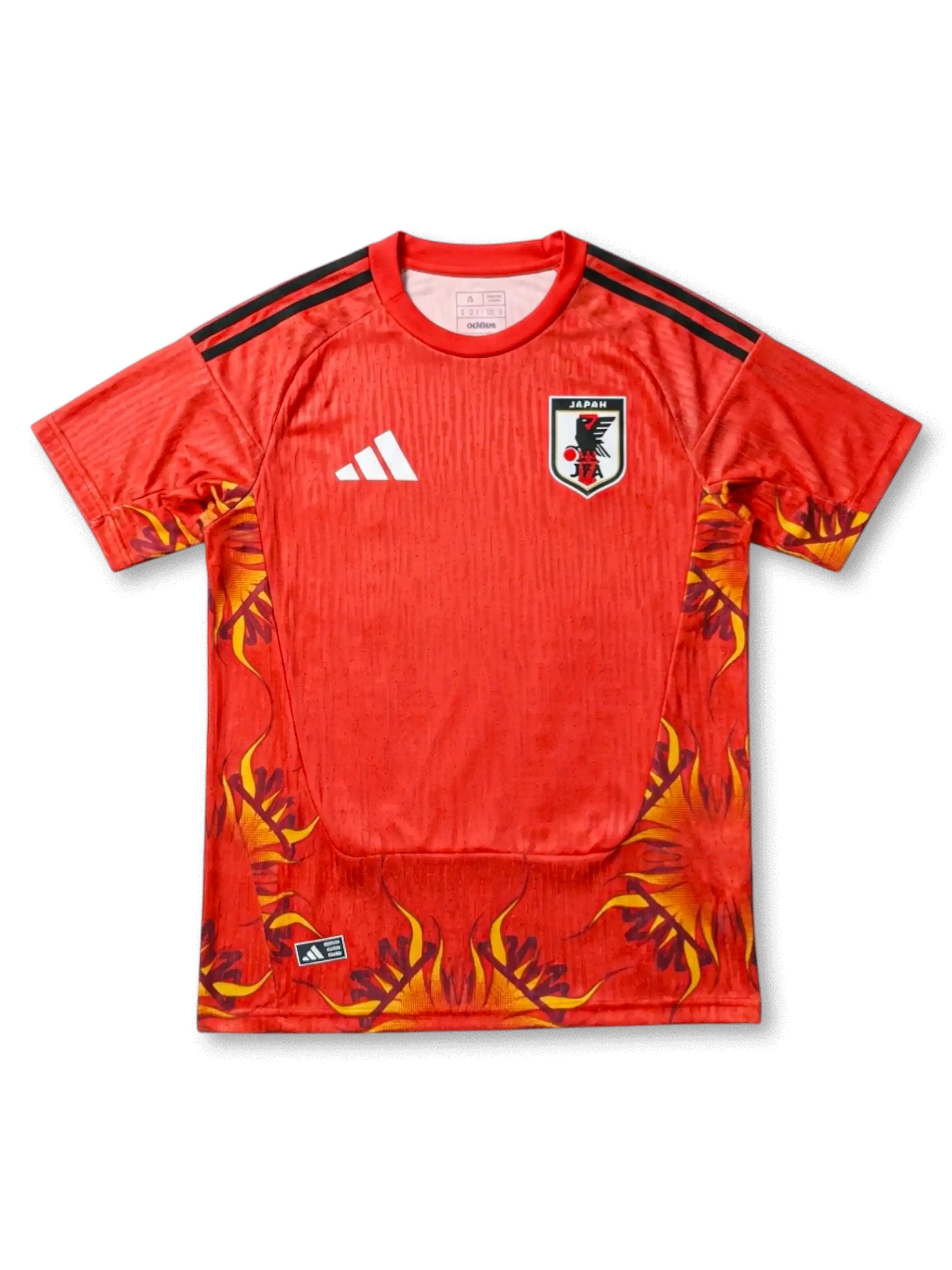 日本代表 2026/27 GKジャージ Authentic 正面 — 赤地×炎グラフィック、JFAエンブレム