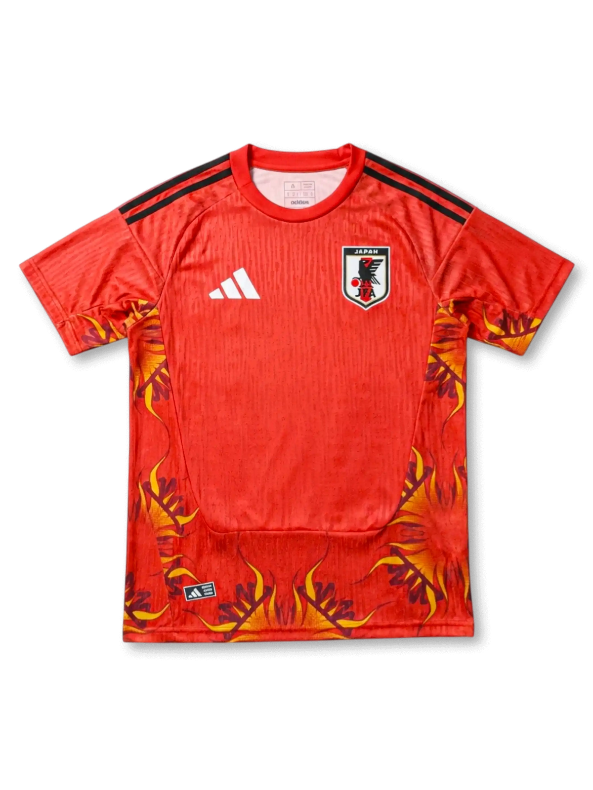 日本代表 2026/27 GKジャージ Authentic 正面 — 赤地×炎グラフィック、JFAエンブレム