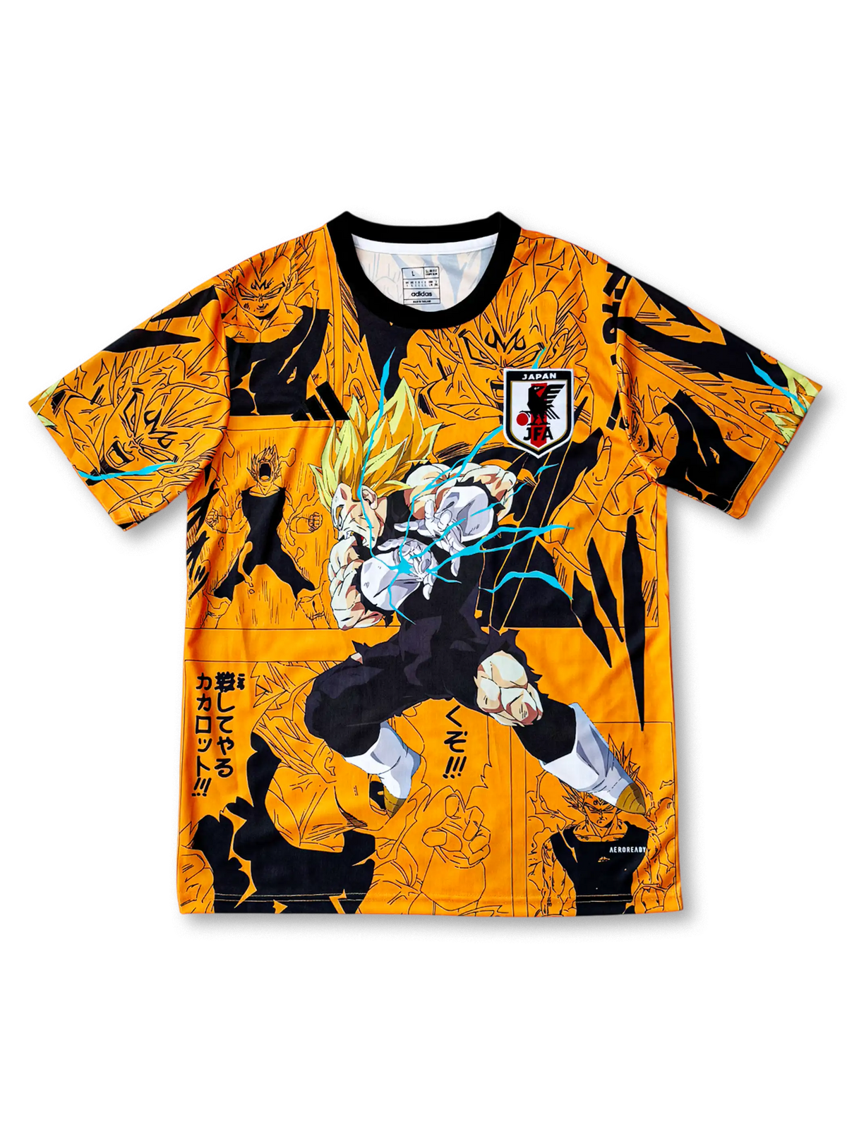 超サイヤ人ベジータプリント・エネルギーエフェクト・オレンジ背景ディテール