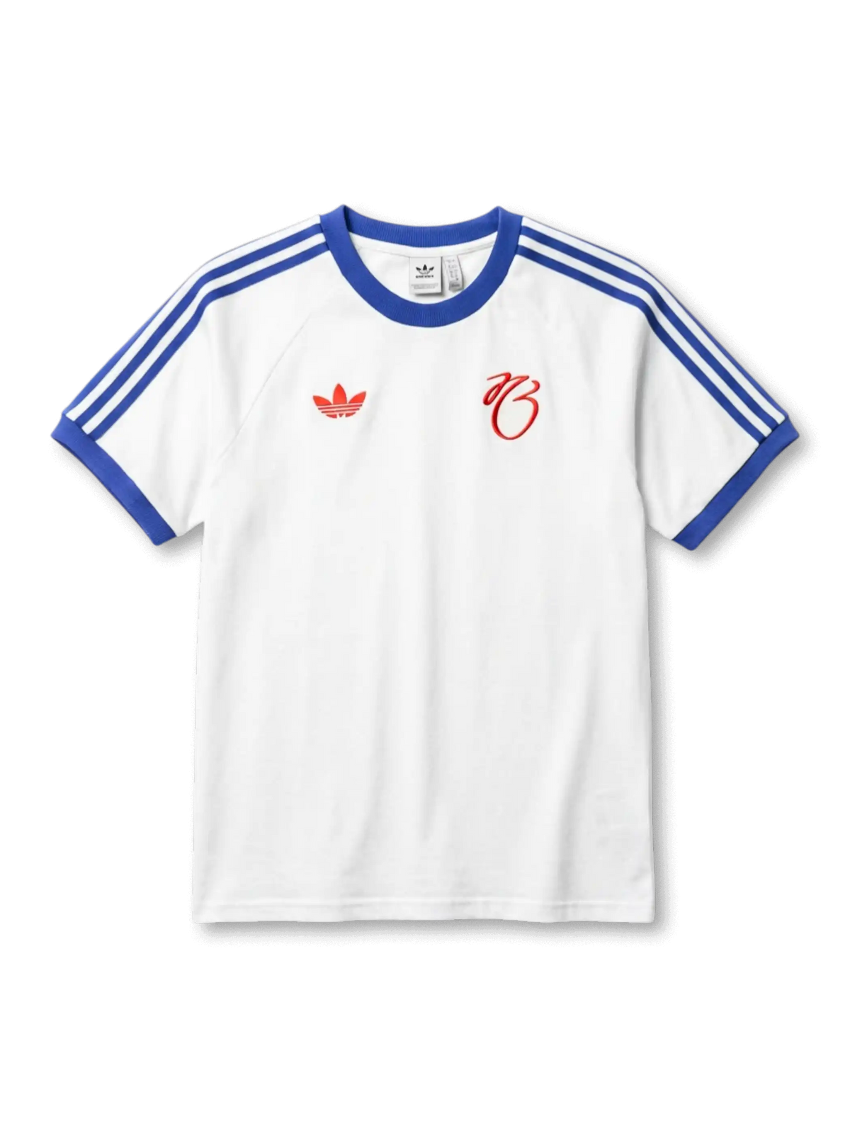 ジュード・ベリンガム×adidas OriginalsライフスタイルTシャツ正面、ホワイト×ロイヤルブルー3本ストライプ・ベリンガム筆記体Bシグネチャーロゴ・レッドトレフォイル