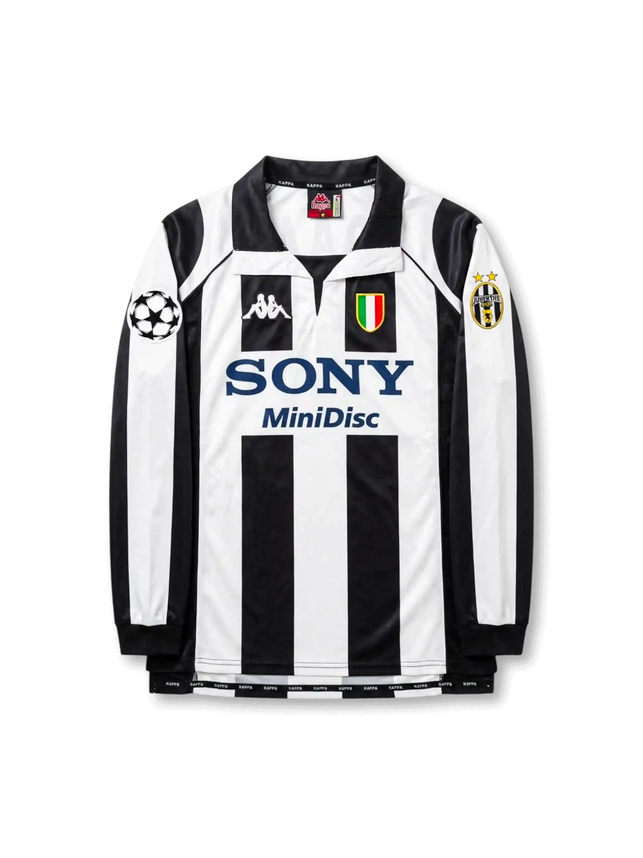 ユヴェントス 1997-98 ホーム UEFAチャンピオンズリーグ仕様 長袖 デル・ピエロ10番 フロント（SONY MiniDisc＋スクデット＋Kappaオミニロゴ＋UCLスターボールパッチ＋ビアンコネリ縦ストライプ＋ブラックリブカフ）