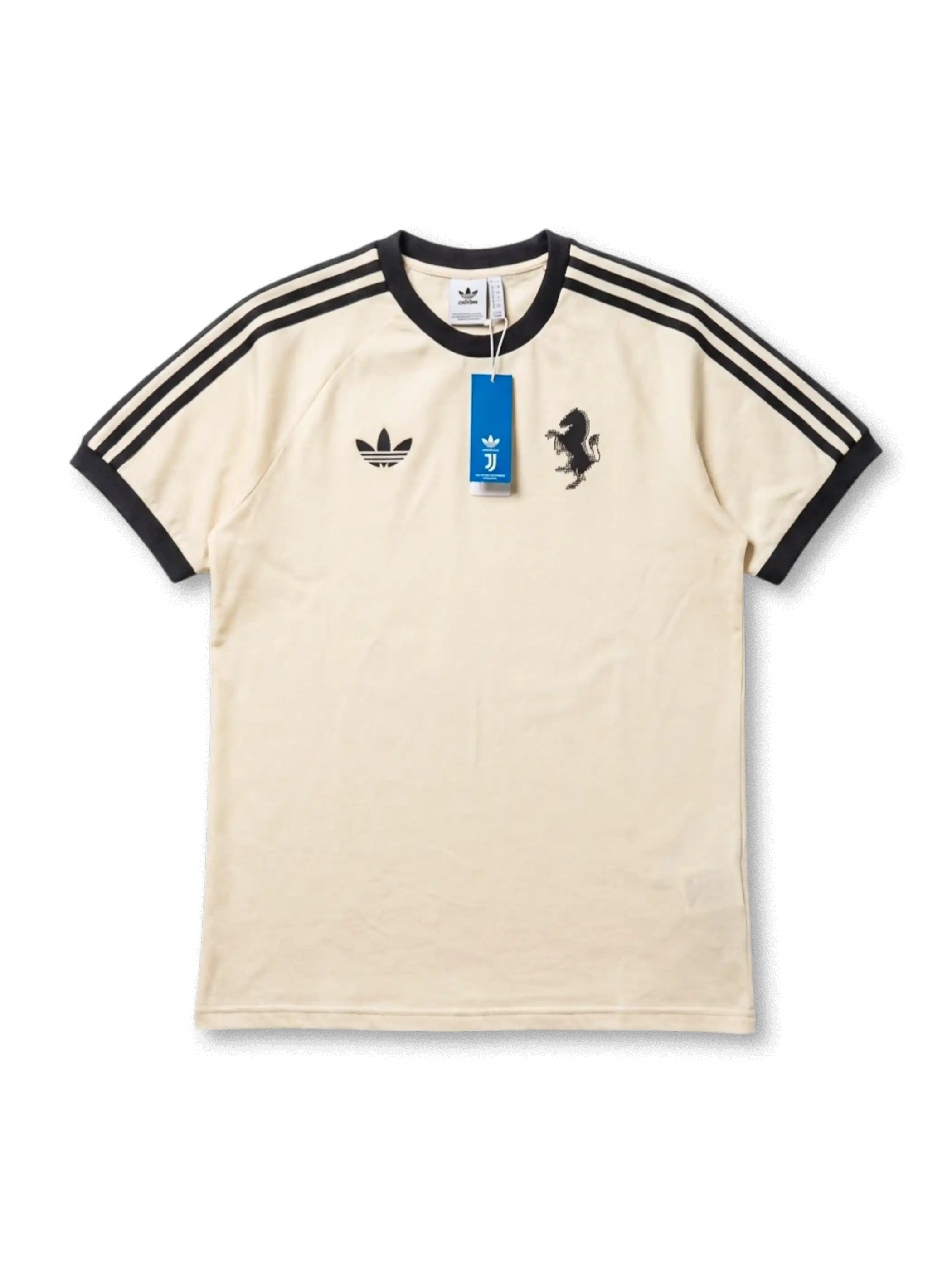 ユベントス×adidas Originals復刻ライフスタイルTシャツ正面・クリーム、ブラック3本ストライプ袖・ヴィンテージ跳馬エンブレム・背面JUVENTUSレトロテキスト・タグ付き未使用