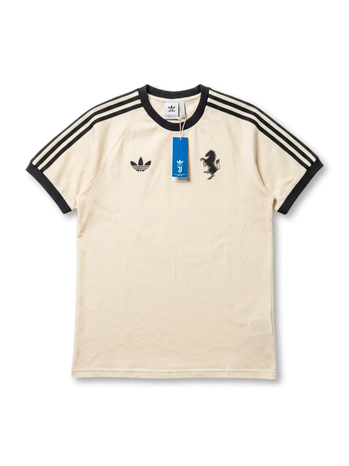 ユベントス×adidas Originals復刻ライフスタイルTシャツ正面・クリーム、ブラック3本ストライプ袖・ヴィンテージ跳馬エンブレム・背面JUVENTUSレトロテキスト・タグ付き未使用
