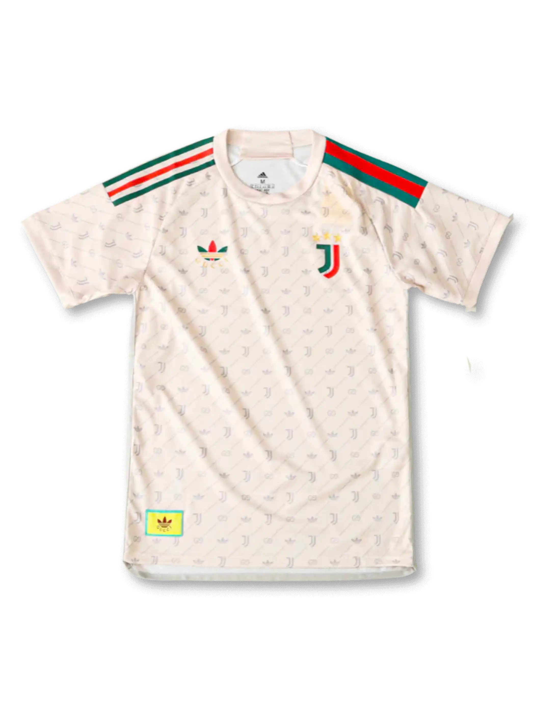 ユベントス×Gucci×adidas Originalsスペシャルエディション正面、クリーム×Jロゴ総柄プリント・グリーン赤Gucciウェブストライプ・3星Jエンブレム・タグ付き未使用
