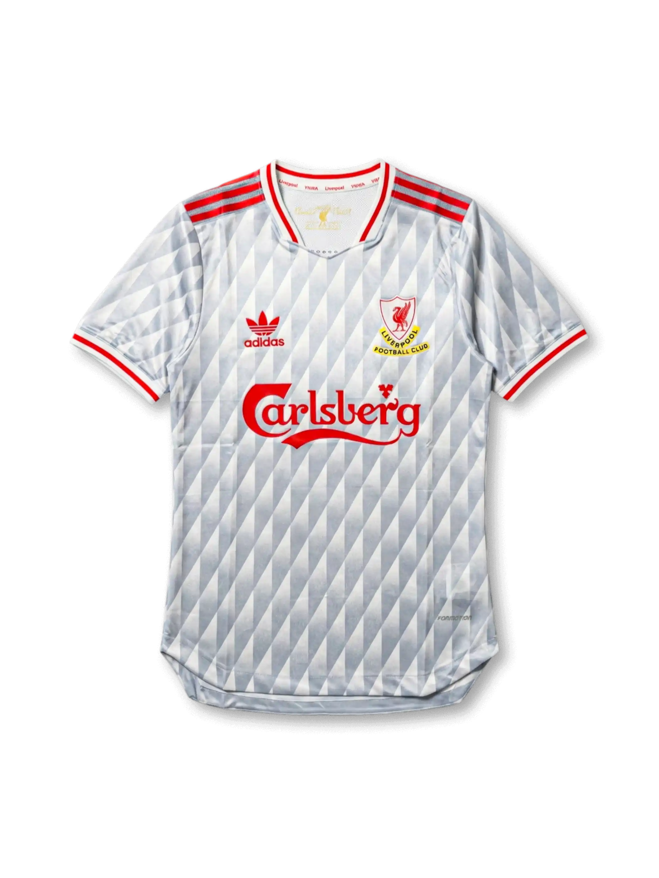 リバプールFC×ビートルズ×adidas Originalsスペシャルエディション正面、ホワイト×グレーダイヤモンドジャカード・レッドリブカラー・Carlsbergスポンサー・LFCエンブレム