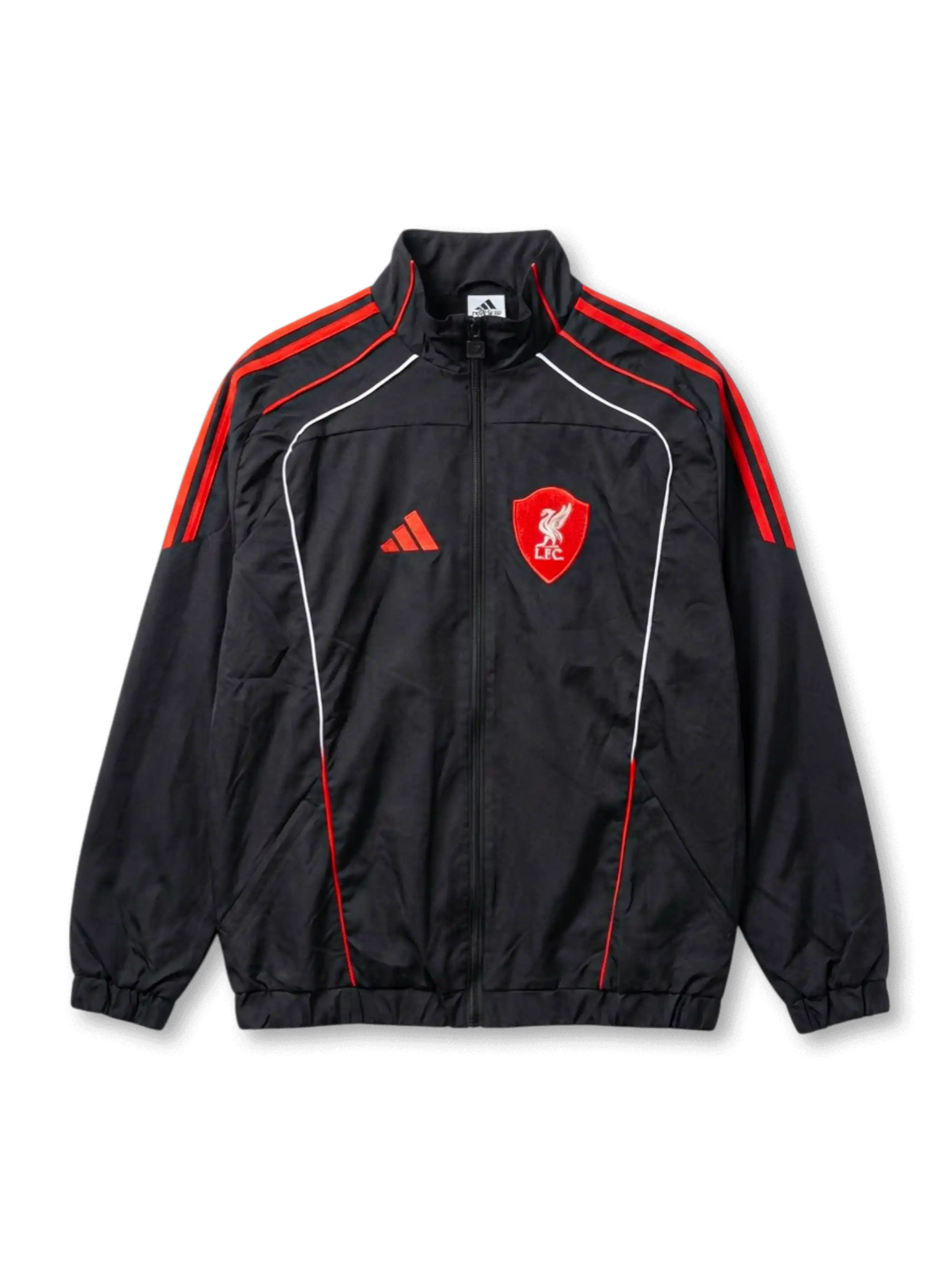 リヴァプールFC adidas トレーニングウィンドブレーカー ブラック — レッド3ストライプとホワイトパイピング、大型リヴァーバード刺繍を配した公式トレーニングライン