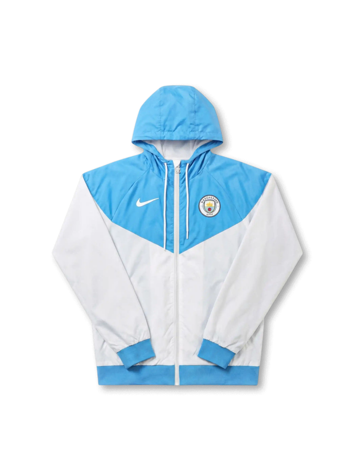 マンチェスター・シティ Nike ウィンドランナージャケット スカイブルー/ホワイト — 逆V字パネル切替と円形エンブレム刺繍を配した公式トレーニングライン