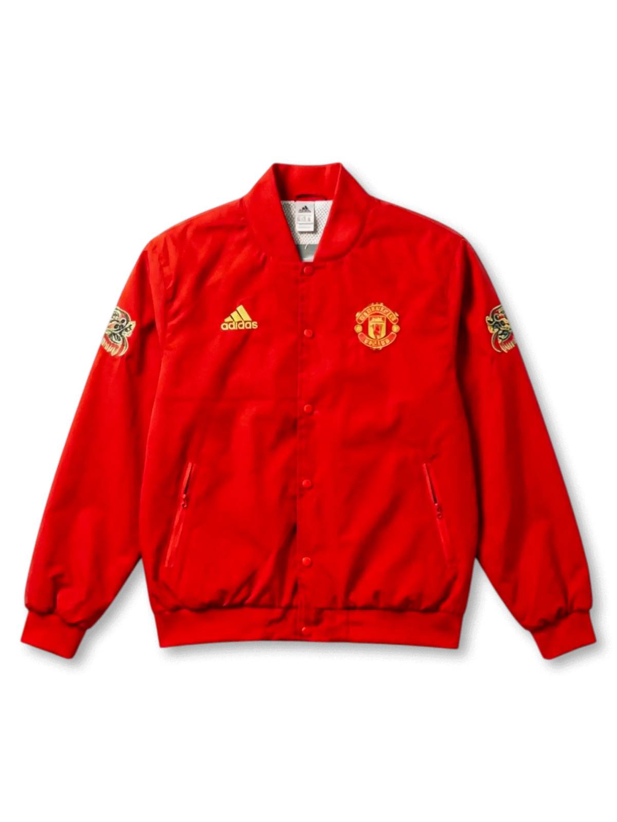 マンチェスター・ユナイテッド×adidas春節スペシャルエディションボンバージャケット正面、レッドサテン×ゴールド龍刺繍袖ワッペン・スナップボタン前立て・MUエンブレム