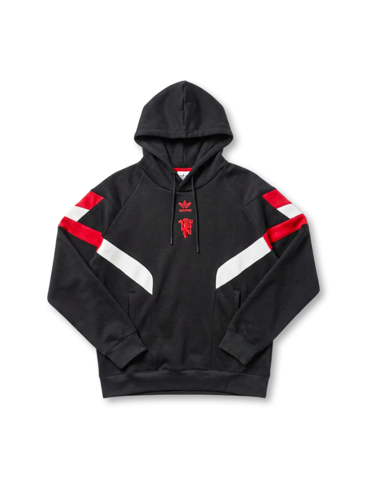 マンチェスター・ユナイテッド adidas Originals シェブロンフーディー ブラック 前面 — 赤白シェブロンパネルとレッドデビル立体刺繍を配した復刻ライフスタイルライン