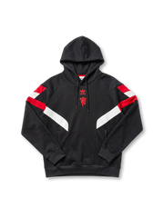 マンチェスター・ユナイテッド adidas Originals シェブロンフーディー ブラック 前面 — 赤白シェブロンパネルとレッドデビル立体刺繍を配した復刻ライフスタイルライン