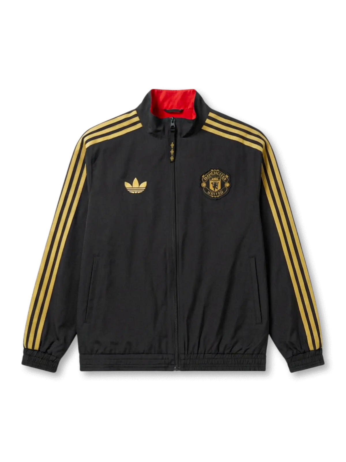 マンチェスター・ユナイテッド×adidas Originals春節トラックジャケット正面、レッド×ゴールドadidasトレフォイル・金刺繍レッドデビルエンブレム・装飾ジップ引き手・コンビ裾タグ